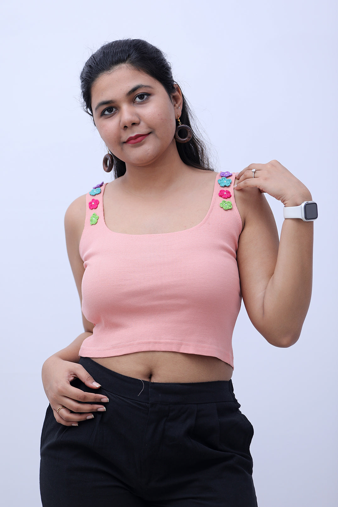 Pastel dreams pink ribbed tank top with crochet flowers