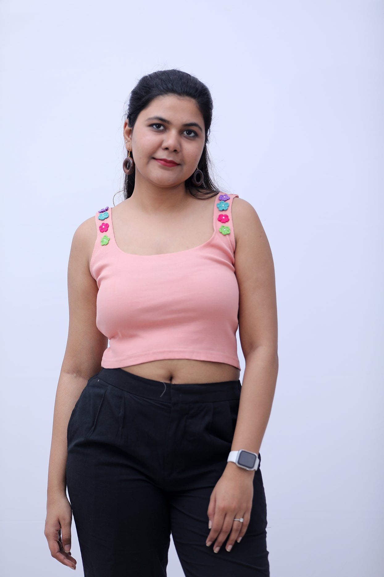 Pastel dreams pink ribbed tank top with crochet flowers