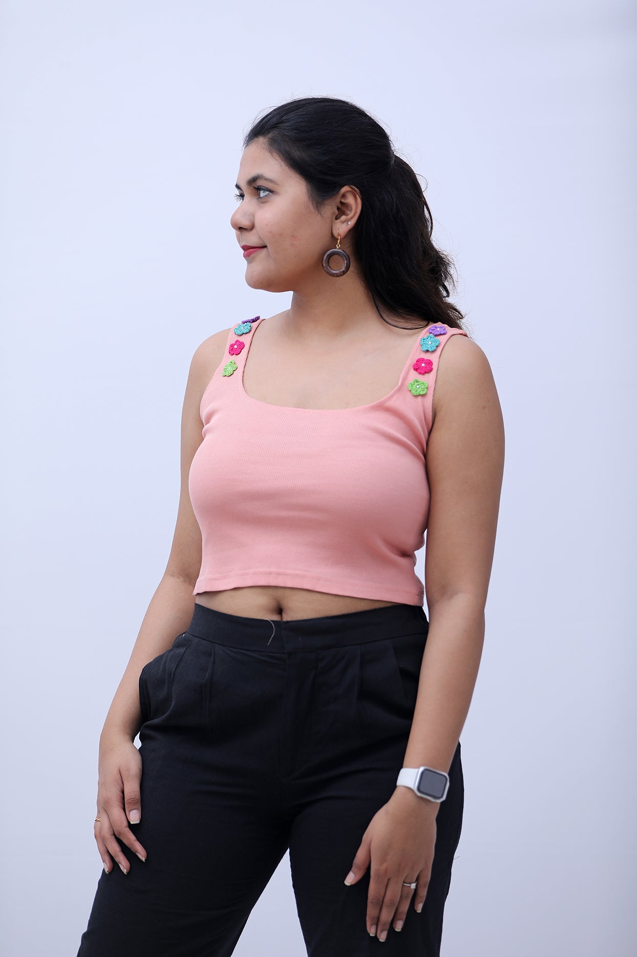 Pastel dreams pink ribbed tank top with crochet flowers