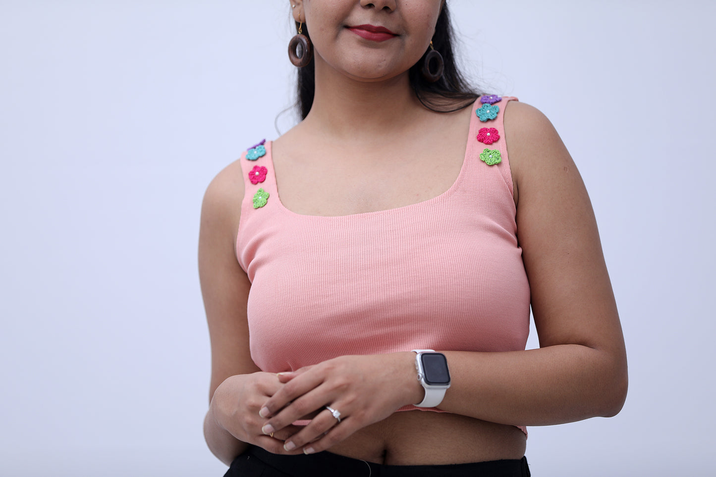 Pastel dreams pink ribbed tank top with crochet flowers