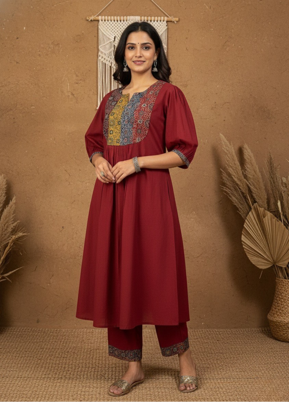 Rumi mul cotton kurta set with ajrakh yoke - Maroon