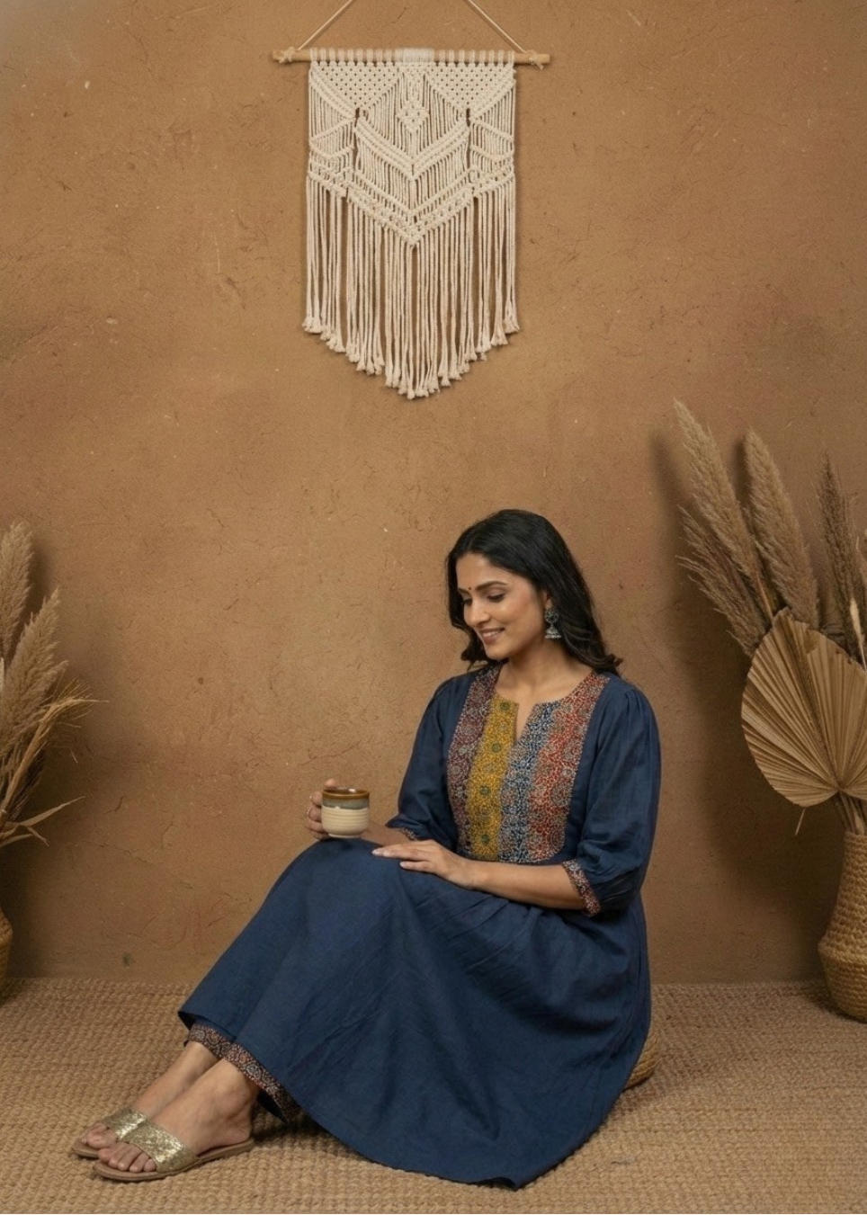 Rumi mul cotton kurta set with ajrakh yoke - Navy blue