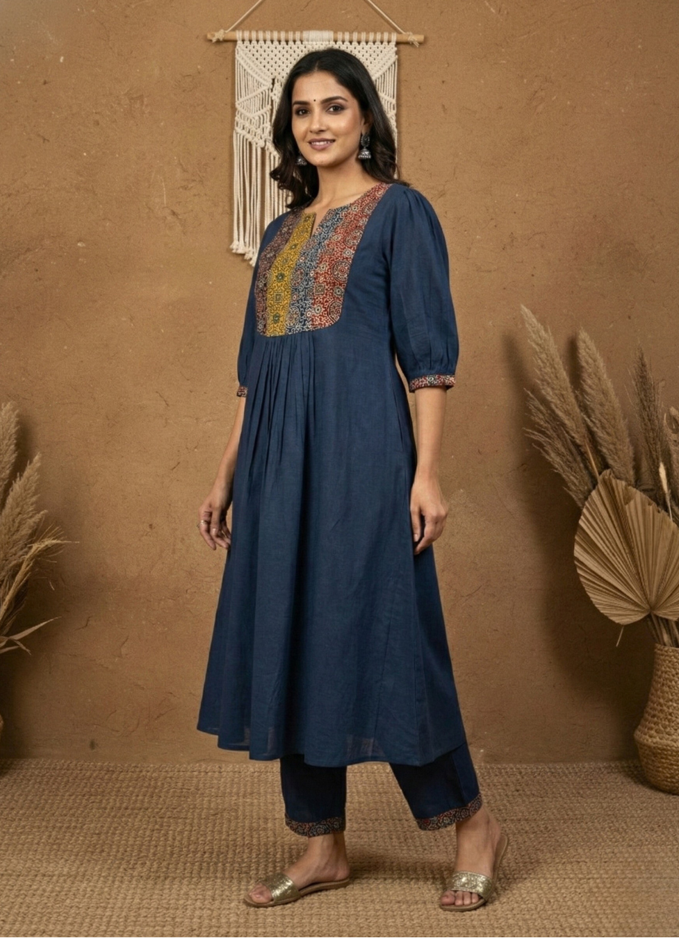 Rumi mul cotton kurta set with ajrakh yoke - Navy blue
