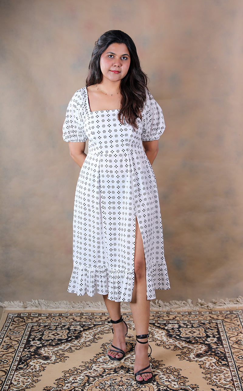 Polka patakha pure cotton block printed midi dress