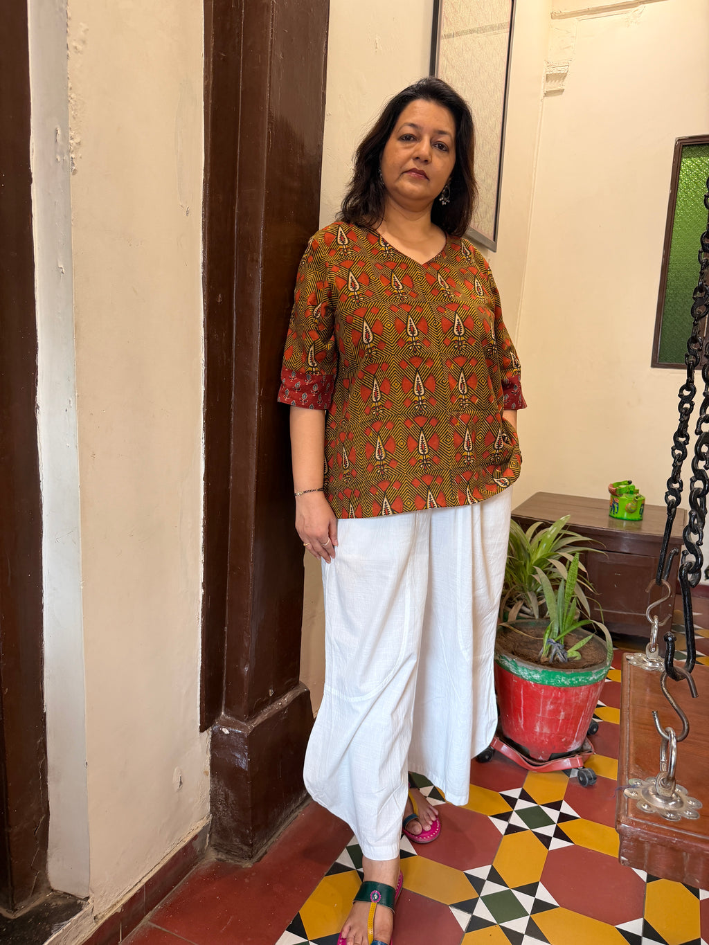 Hand block printed pure cotton Bagru Aaram top