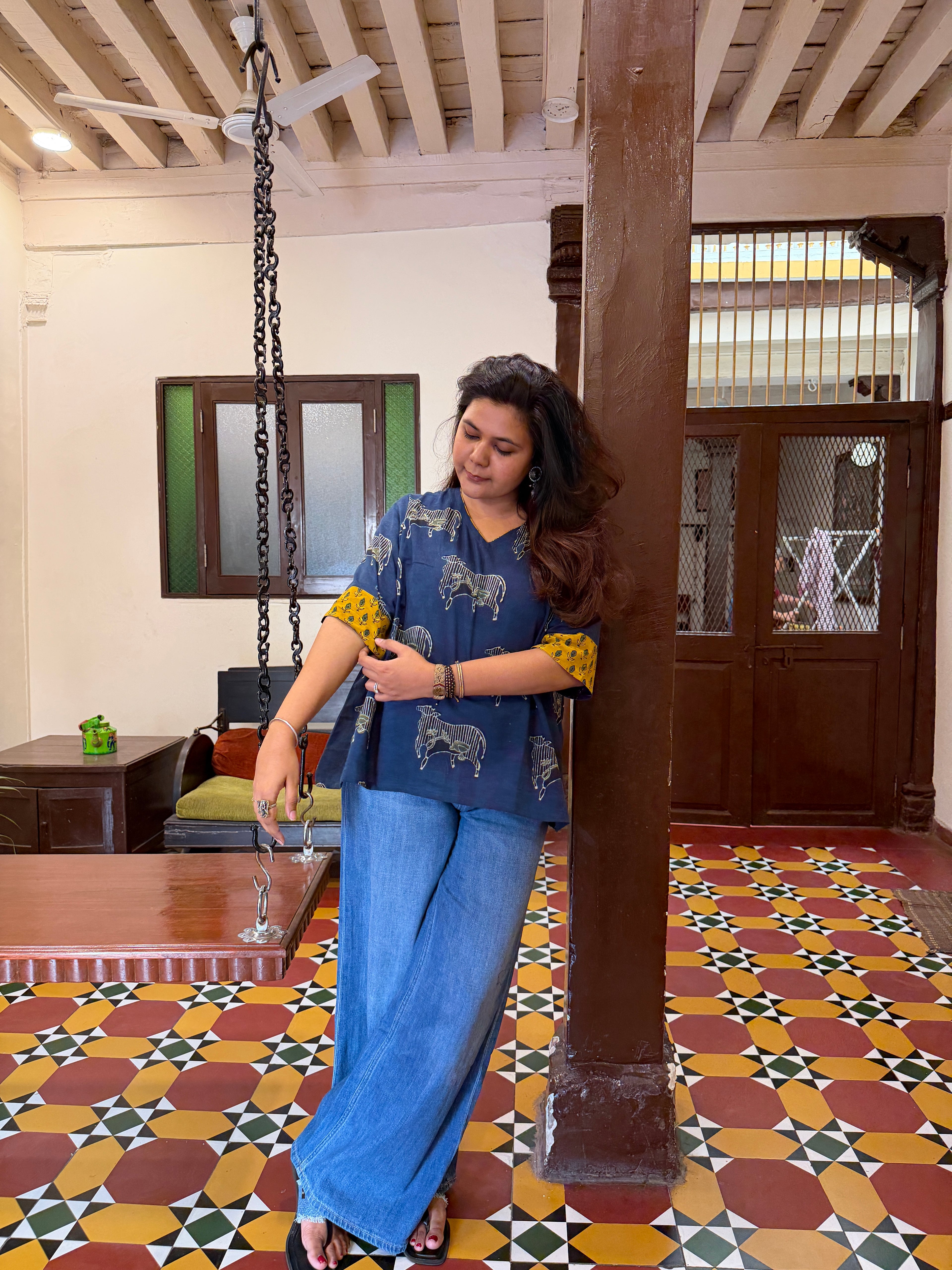 Hand block printed pure cotton Ajrakh Aaram top - Nandi