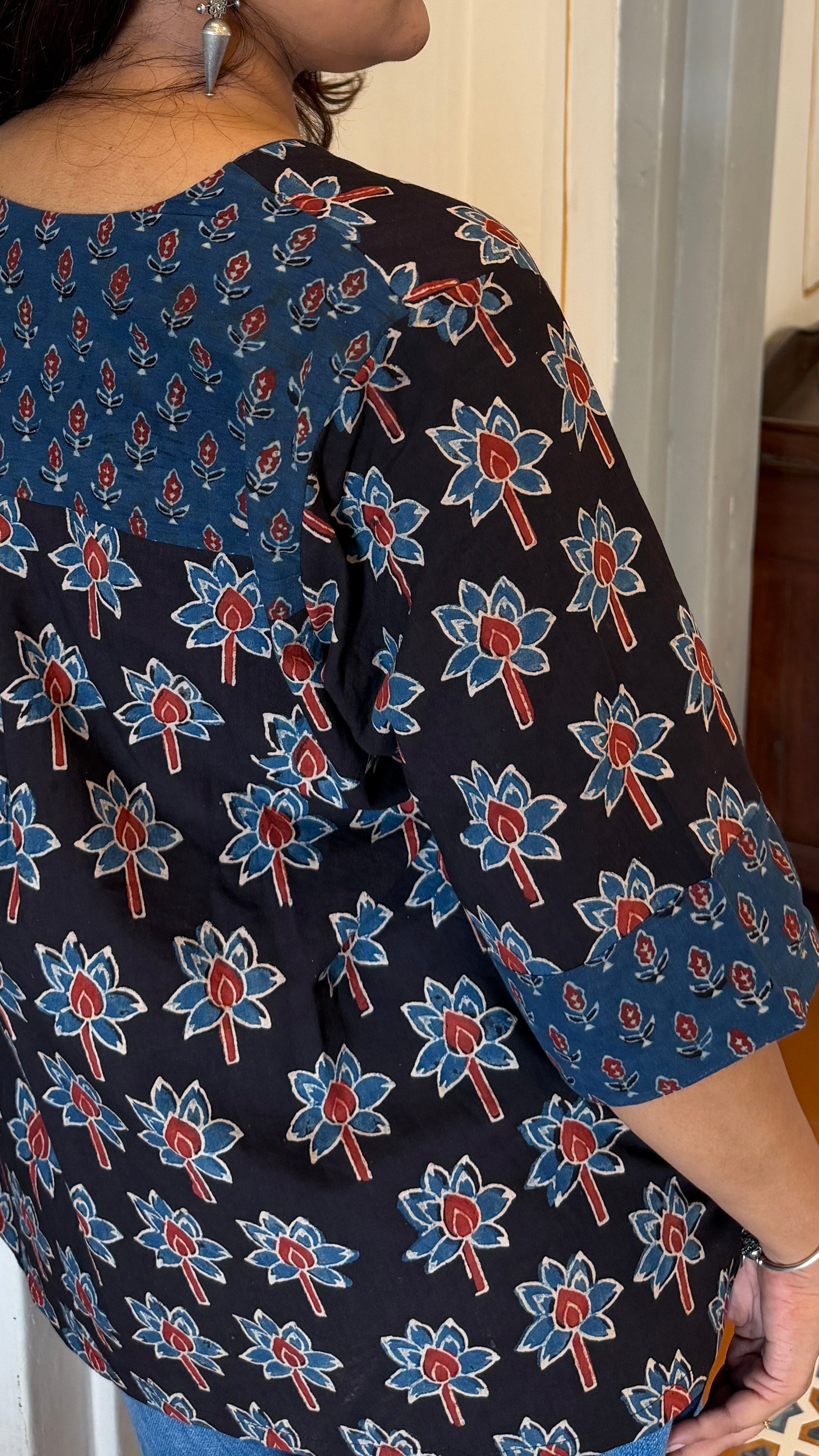 Hand block printed pure cotton Ajrakh Aaram top - Lotus