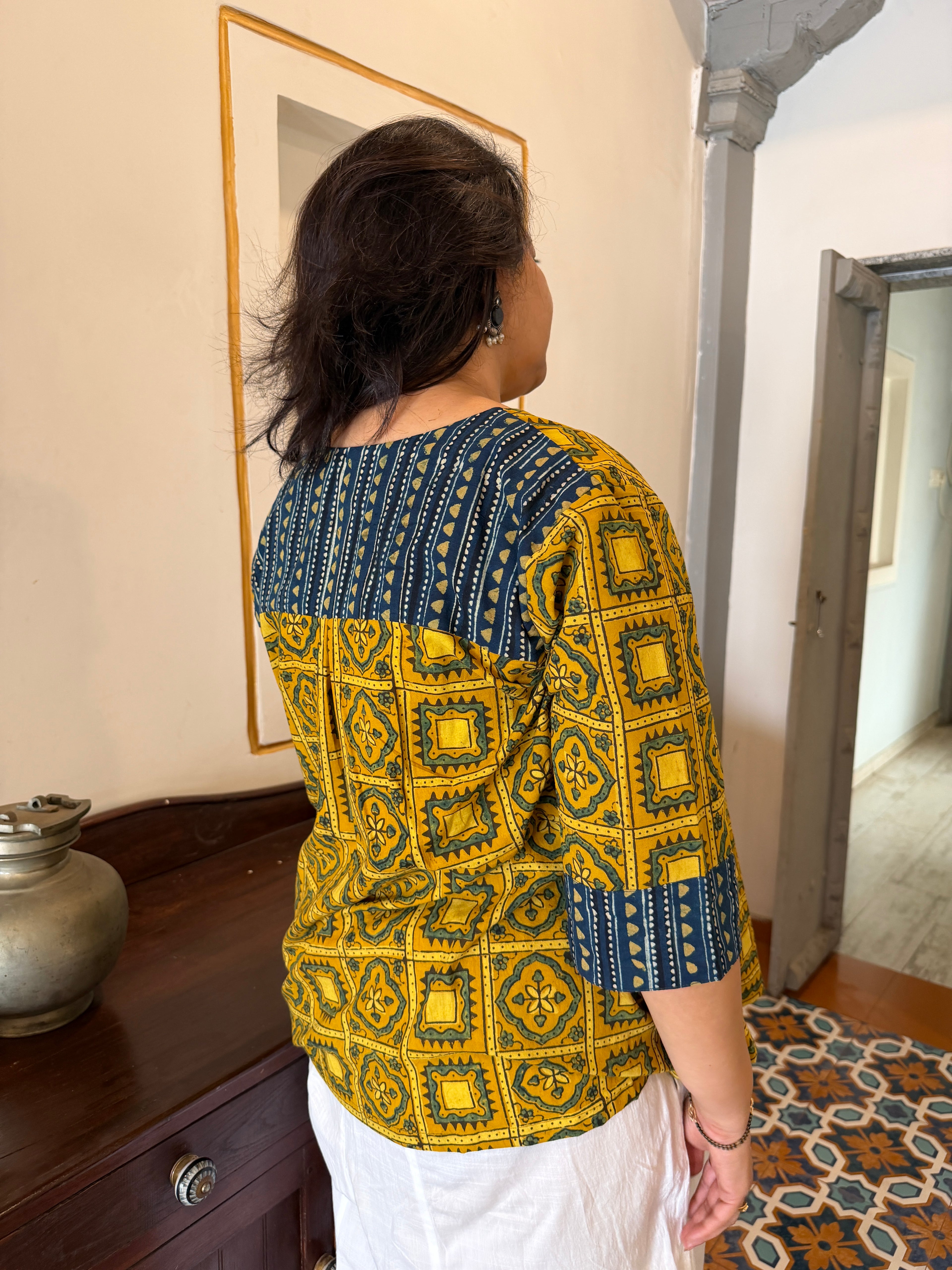 Hand block printed pure cotton Ajrakh Aaram top - Squares