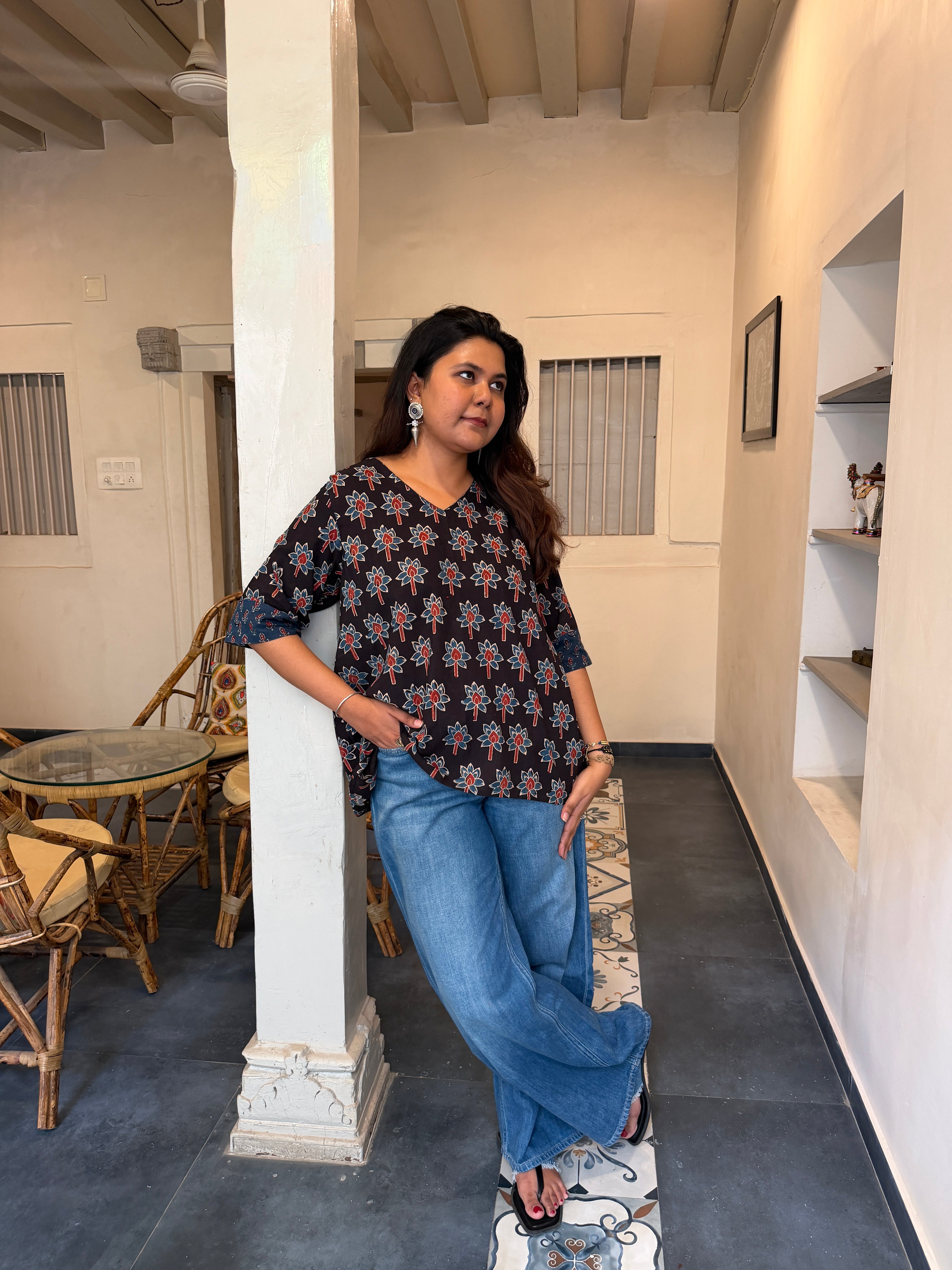 Hand block printed pure cotton Ajrakh Aaram top - Lotus