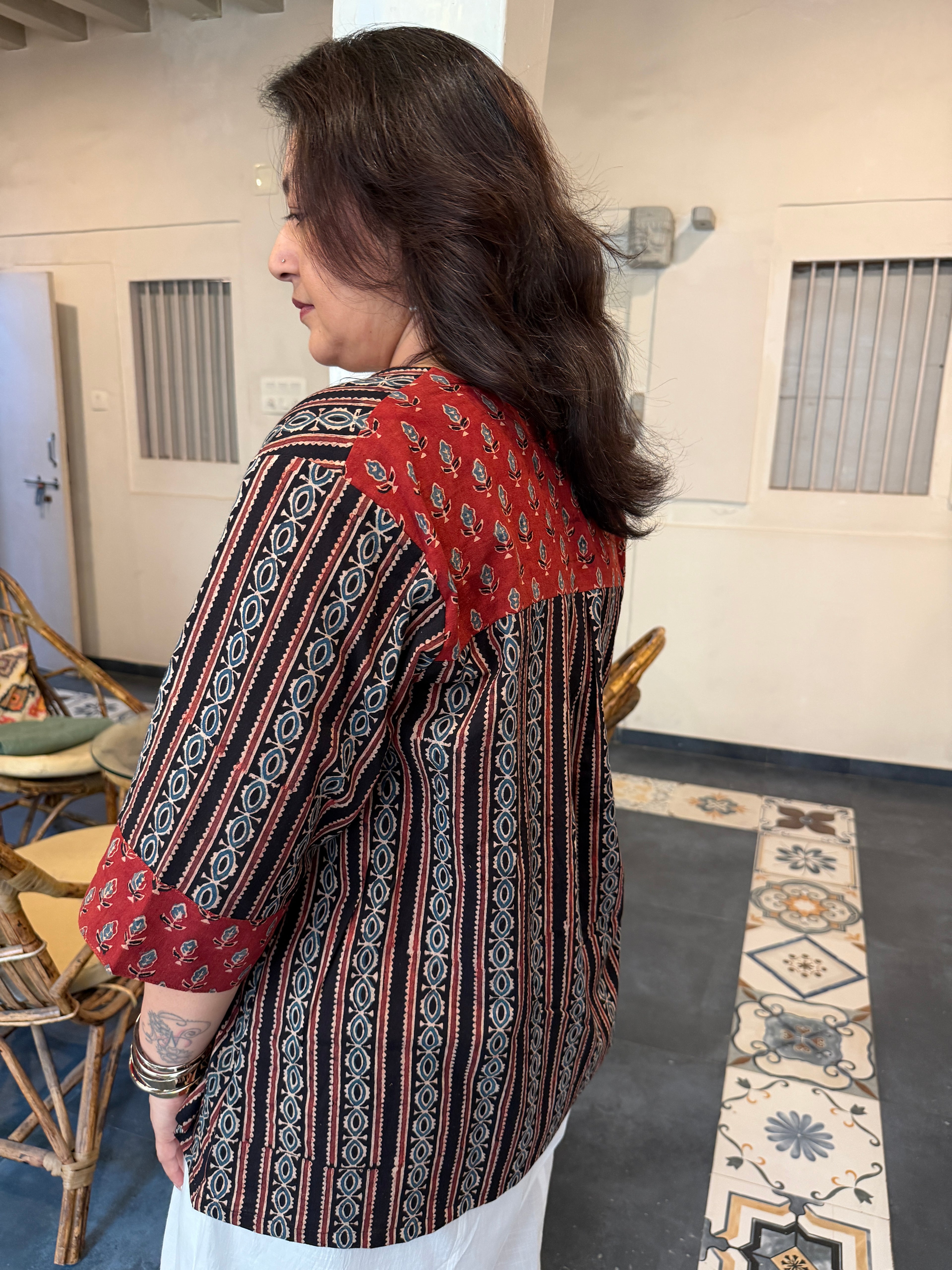Hand block printed pure cotton Ajrakh Aaram top - Stripes