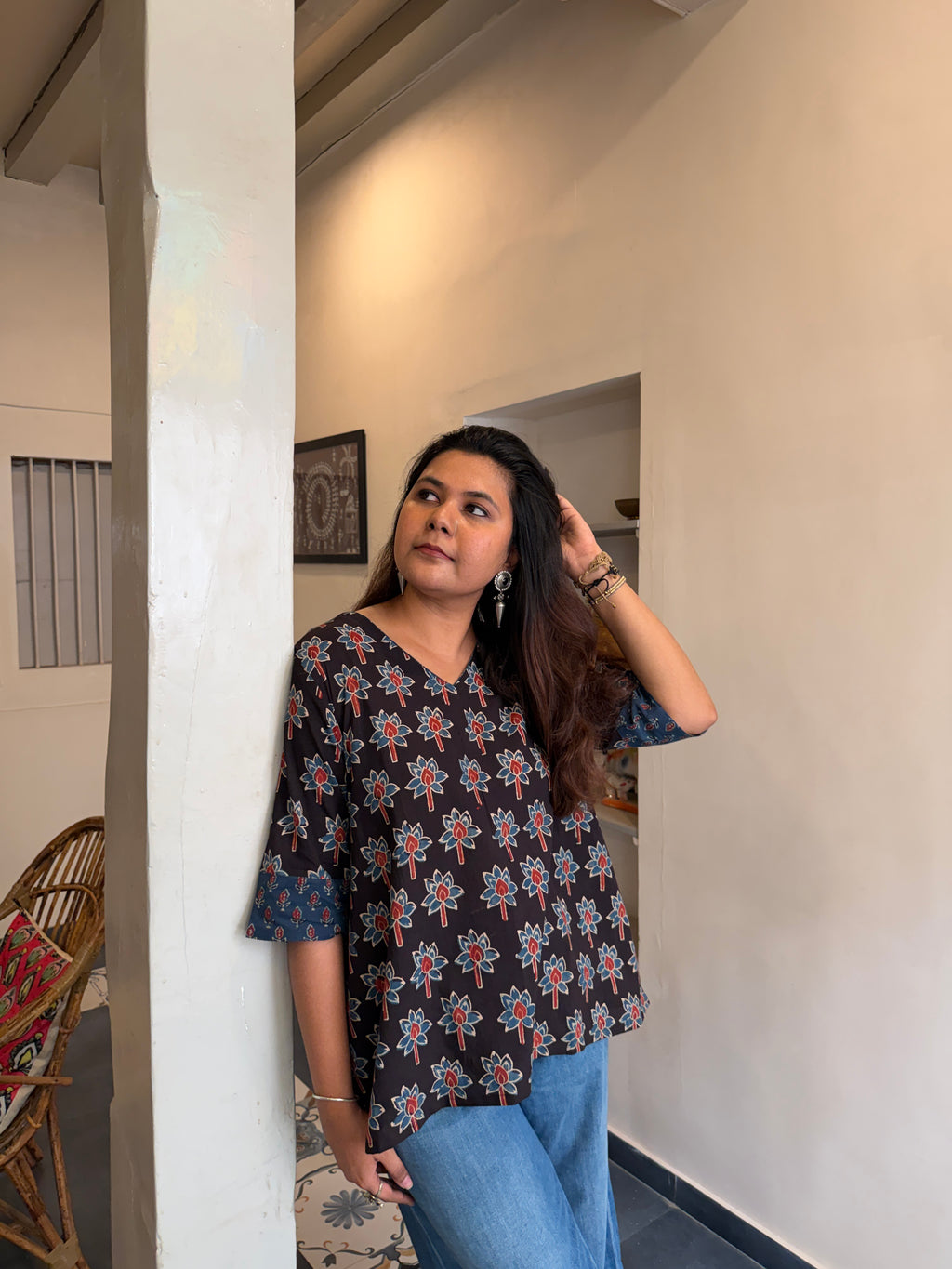 Hand block printed pure cotton Ajrakh Aaram top - Lotus