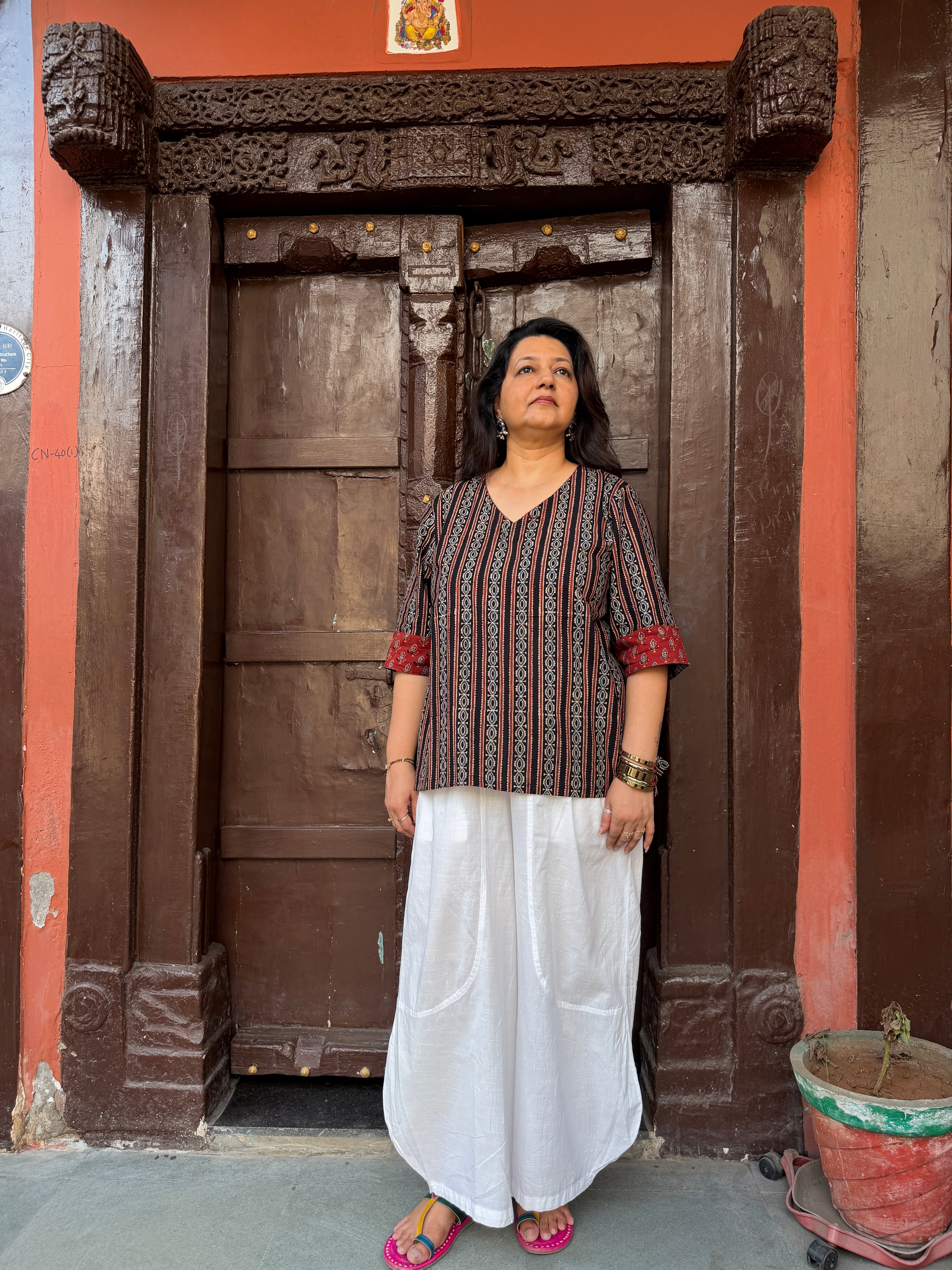 Hand block printed pure cotton Ajrakh Aaram top - Stripes