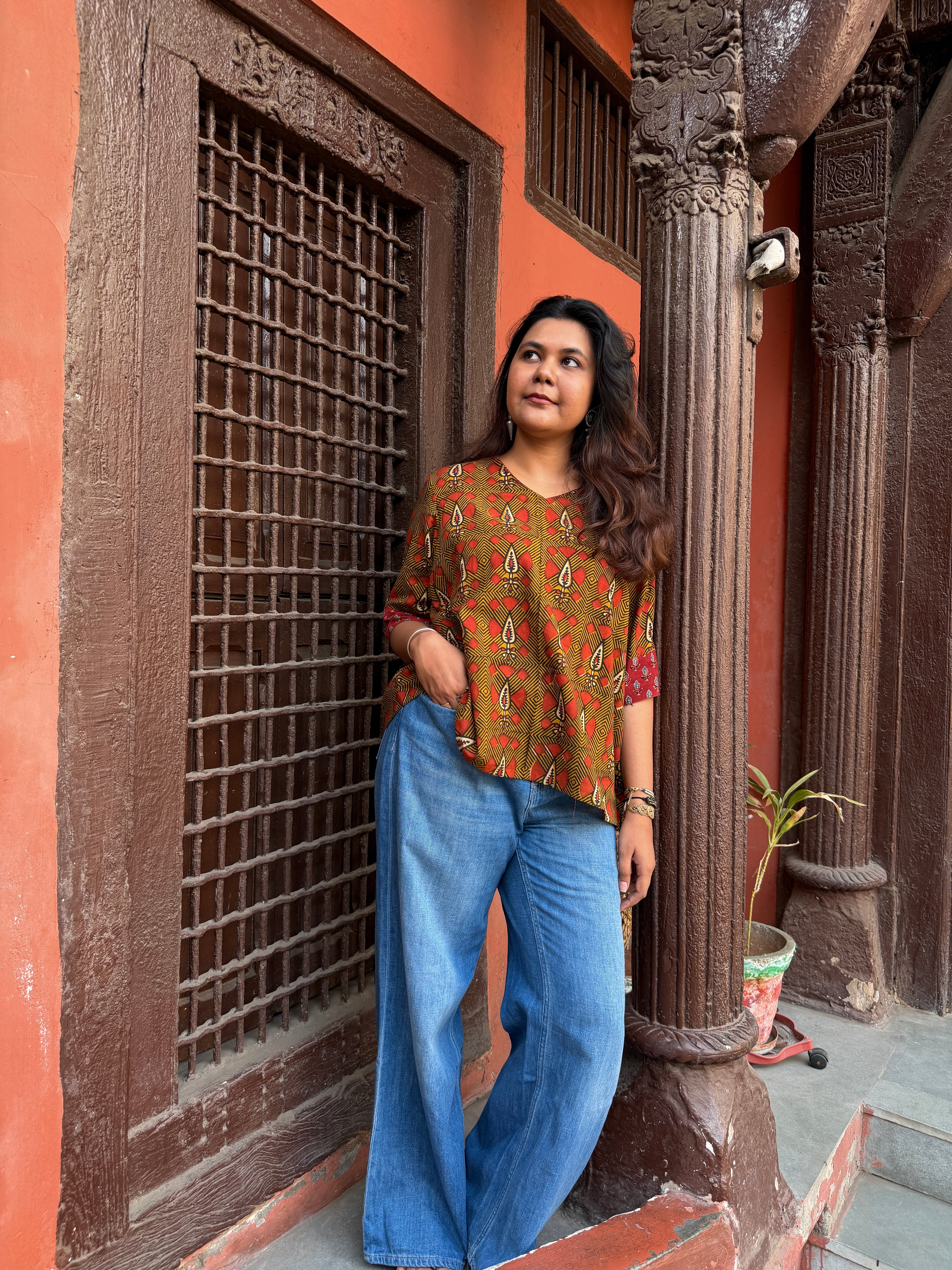 Hand block printed pure cotton Bagru Aaram top