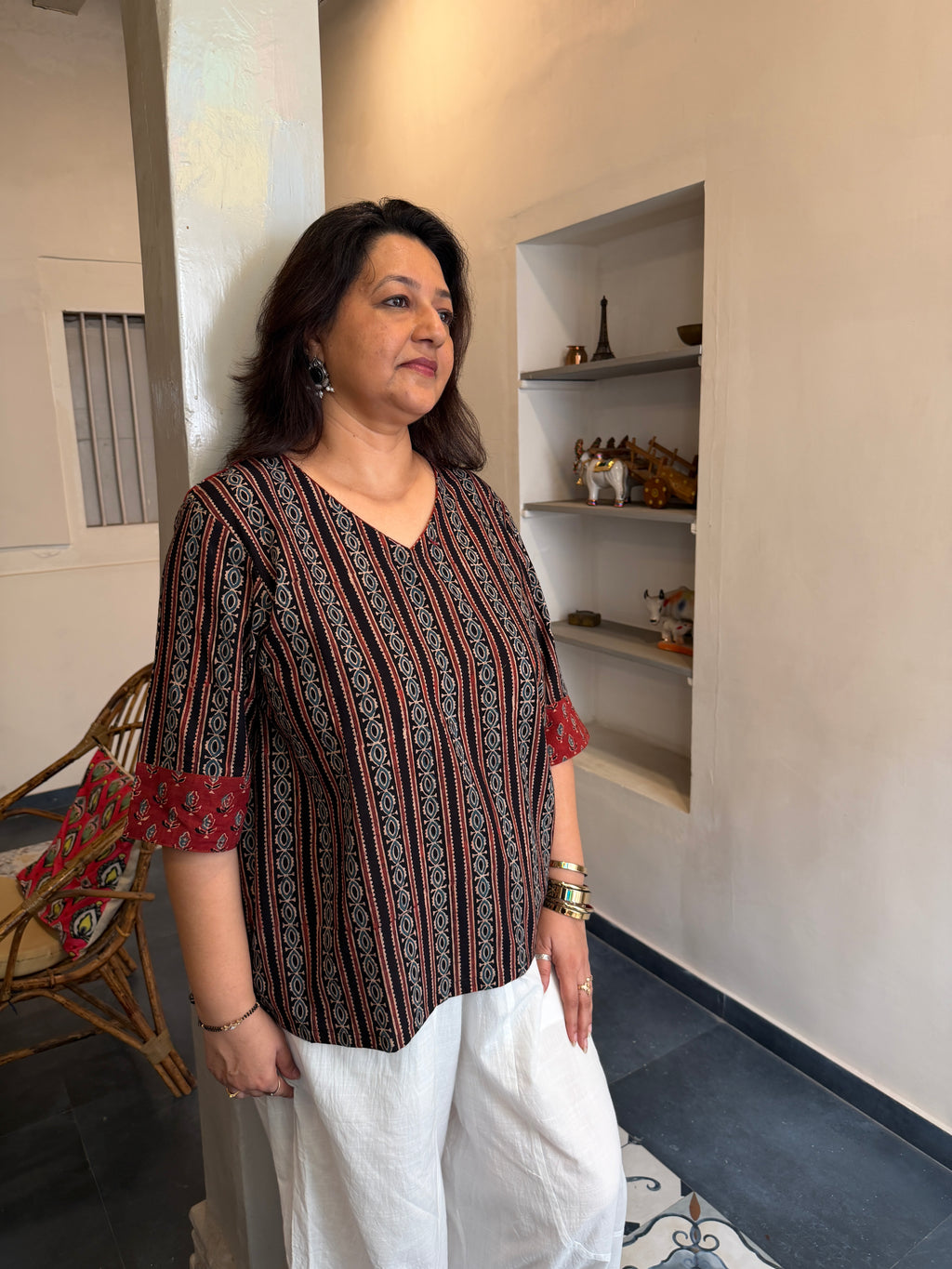 Hand block printed pure cotton Ajrakh Aaram top - Stripes