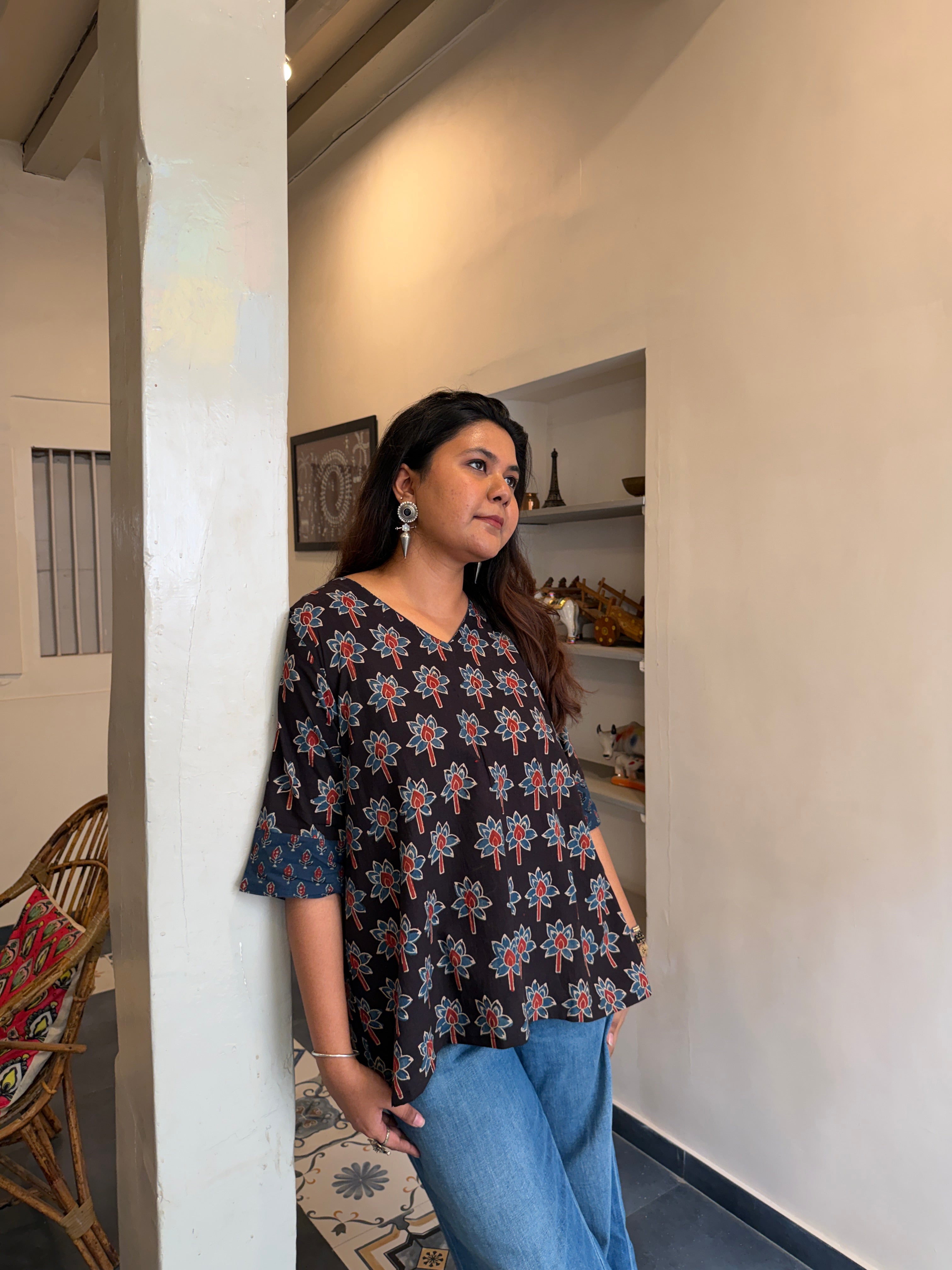 Hand block printed pure cotton Ajrakh Aaram top - Lotus