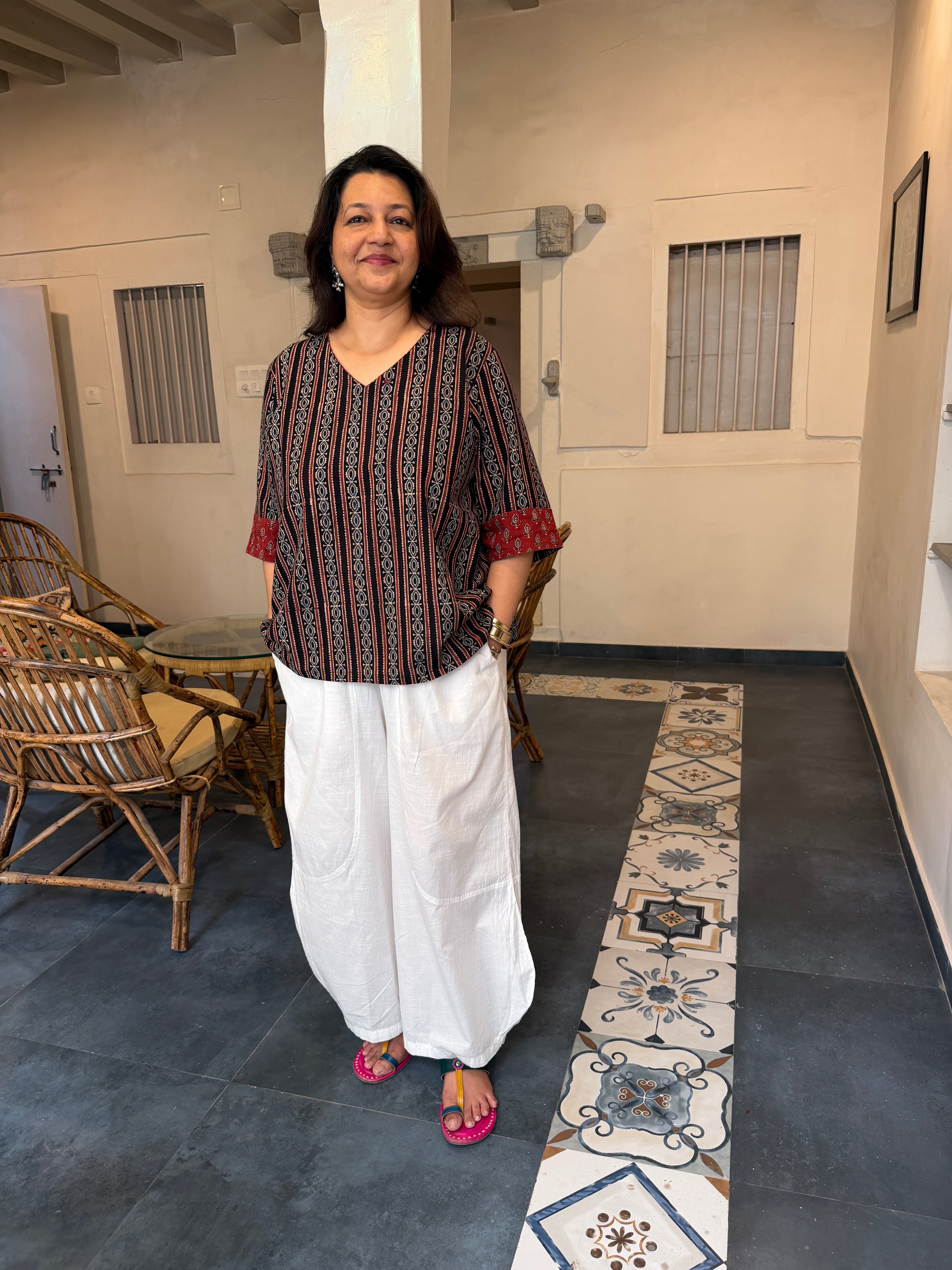 Hand block printed pure cotton Ajrakh Aaram top - Stripes