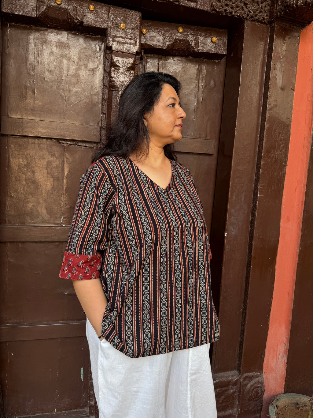 Hand block printed pure cotton Ajrakh Aaram top - Stripes