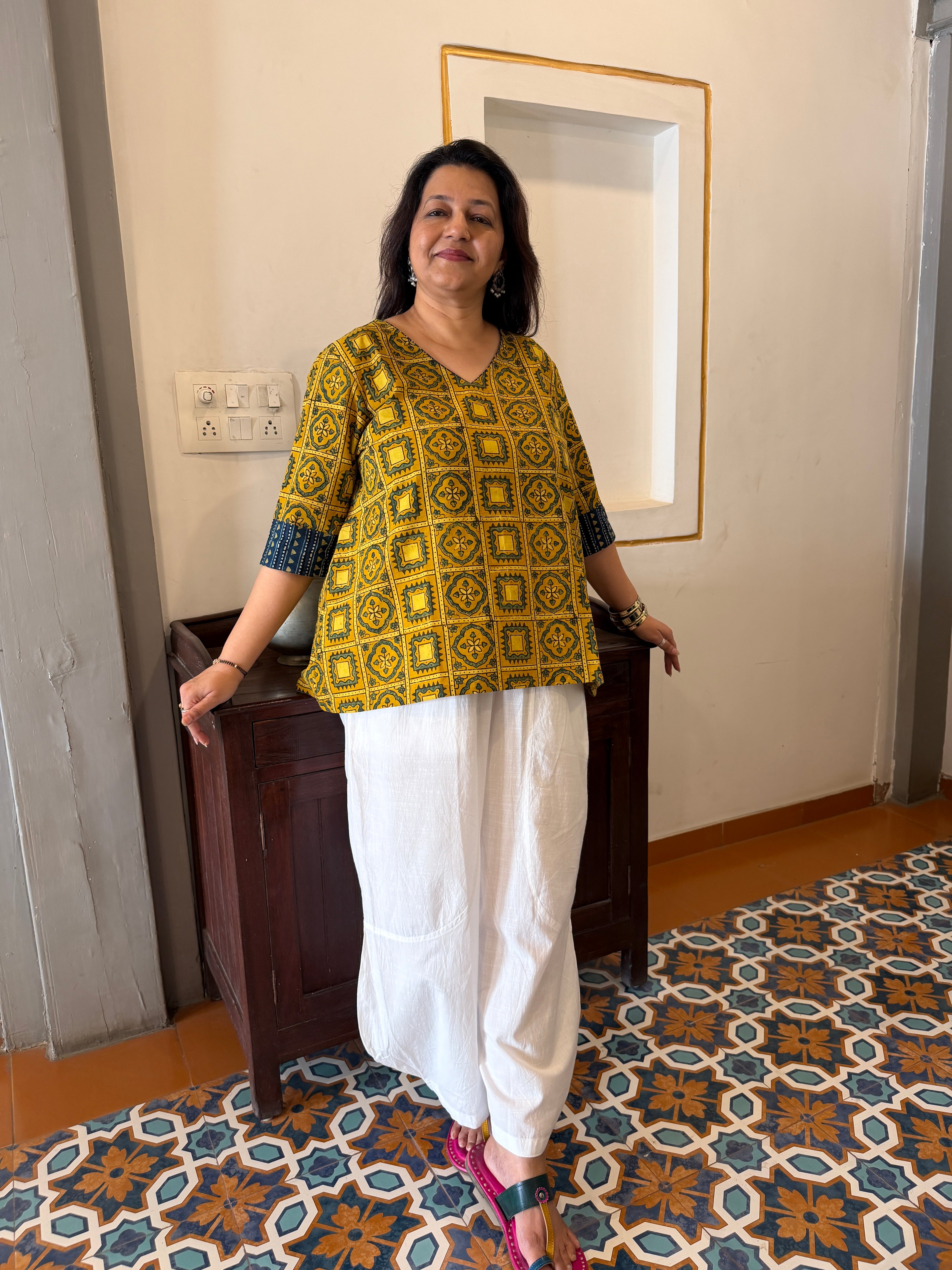 Hand block printed pure cotton Ajrakh Aaram top - Squares