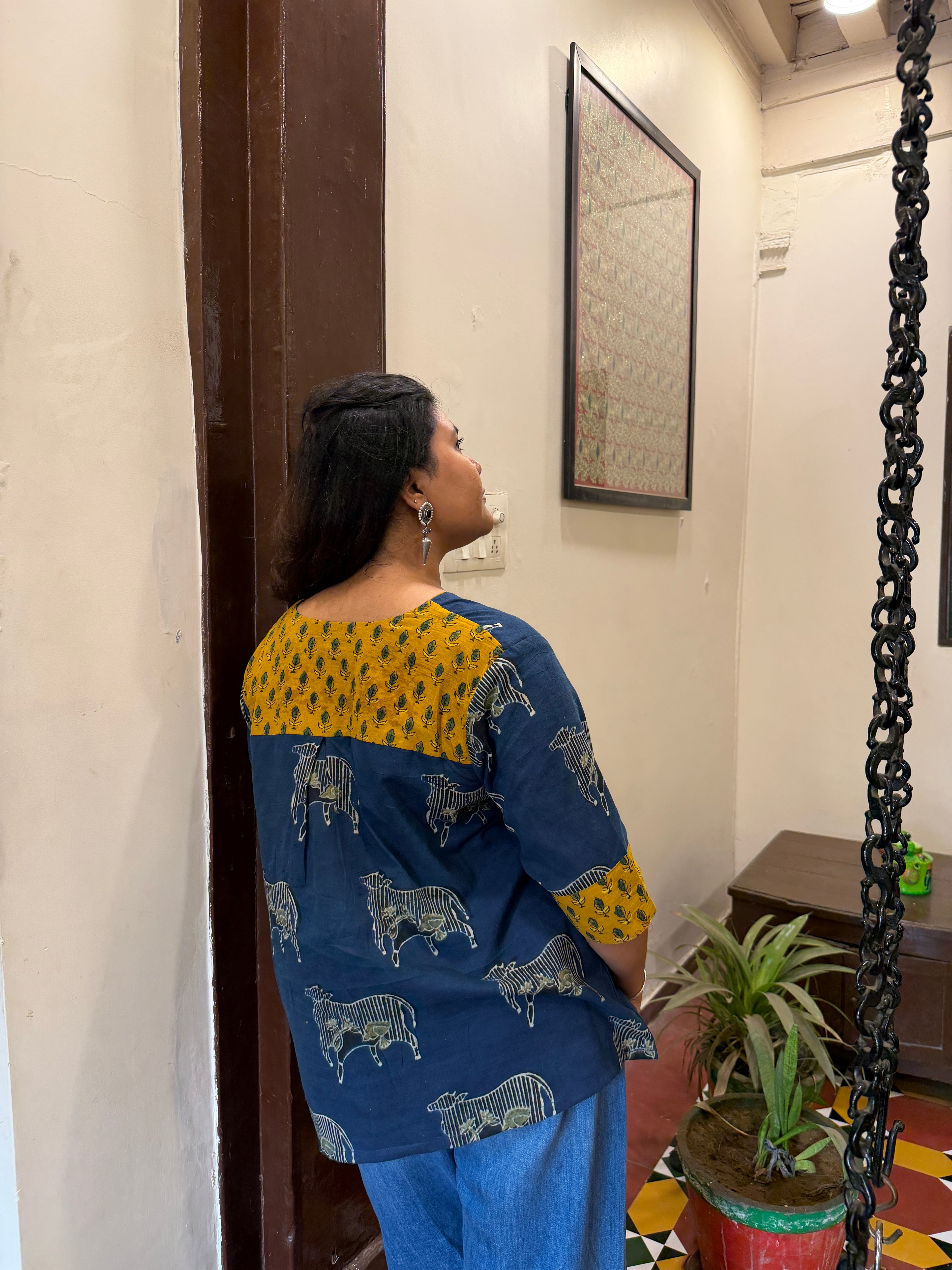 Hand block printed pure cotton Ajrakh Aaram top - Nandi