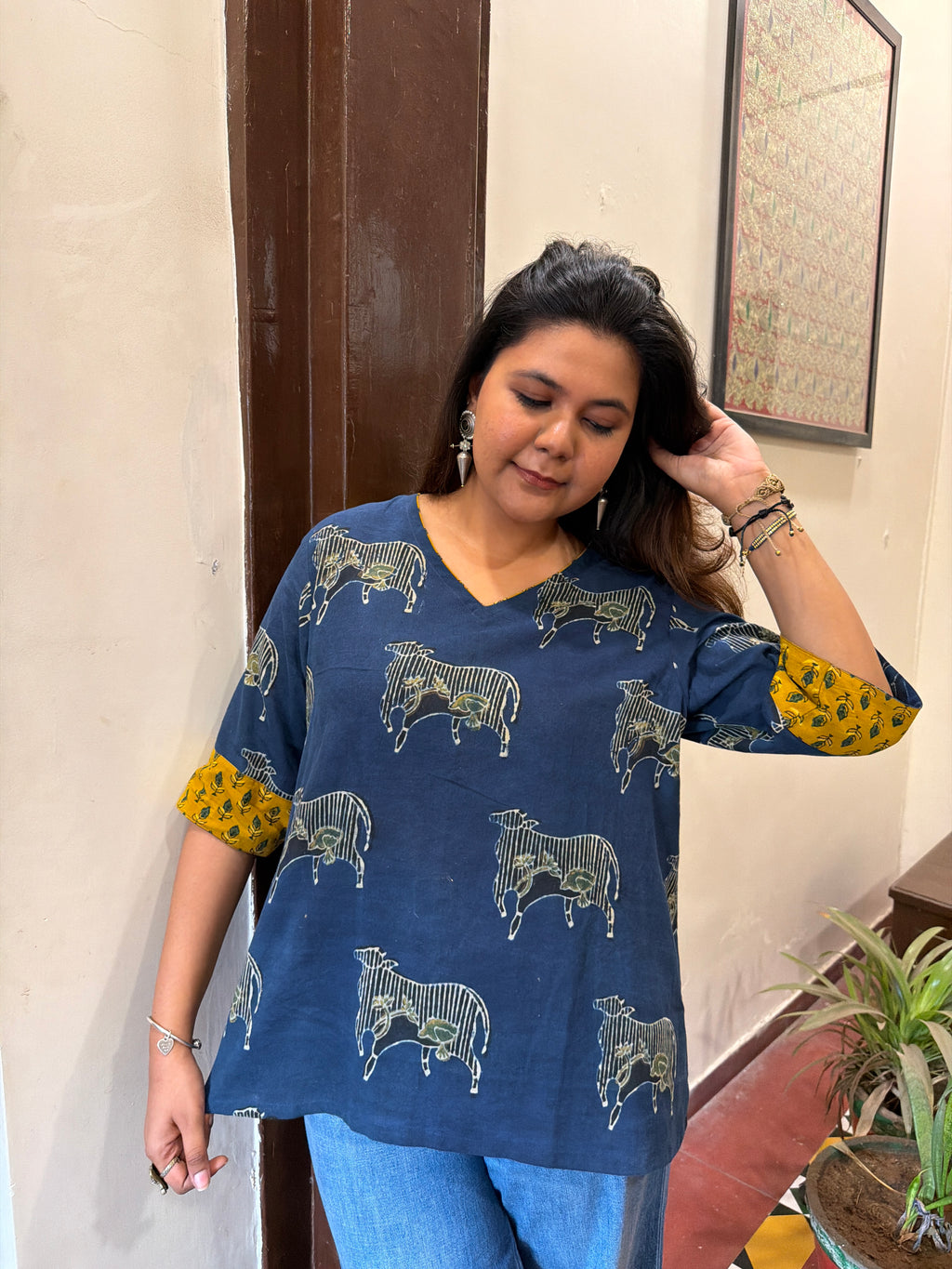 Hand block printed pure cotton Ajrakh Aaram top - Nandi