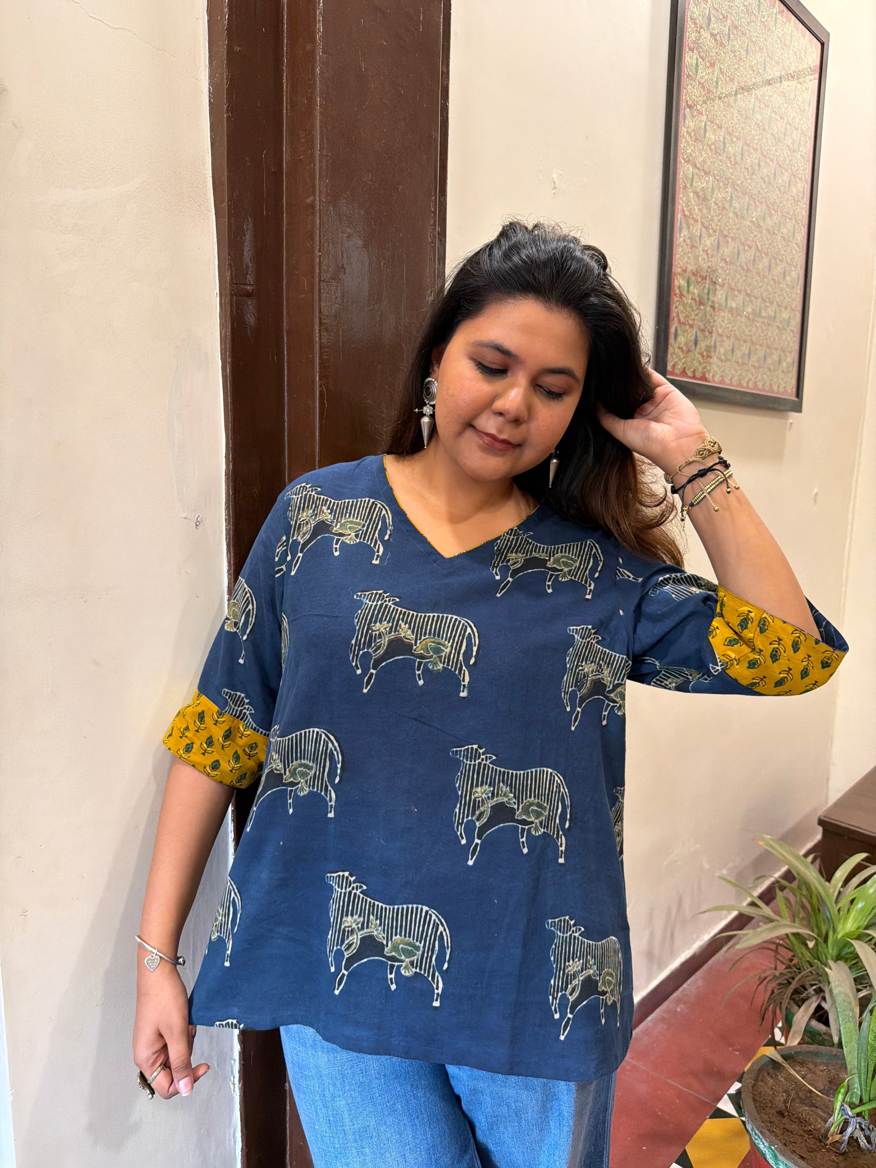 Hand block printed pure cotton Ajrakh Aaram top - Nandi