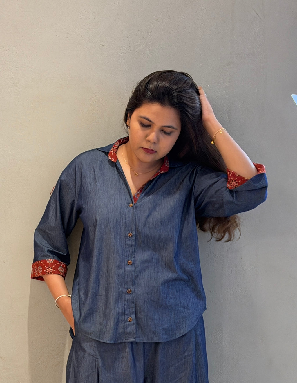 V-neck shirt with Ajrakh accent