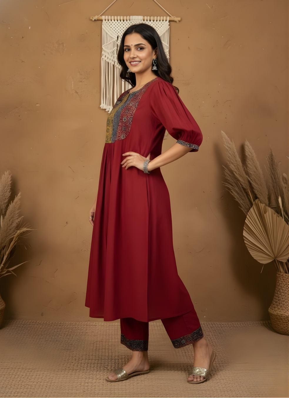 Rumi mul cotton kurta set with ajrakh yoke - Maroon