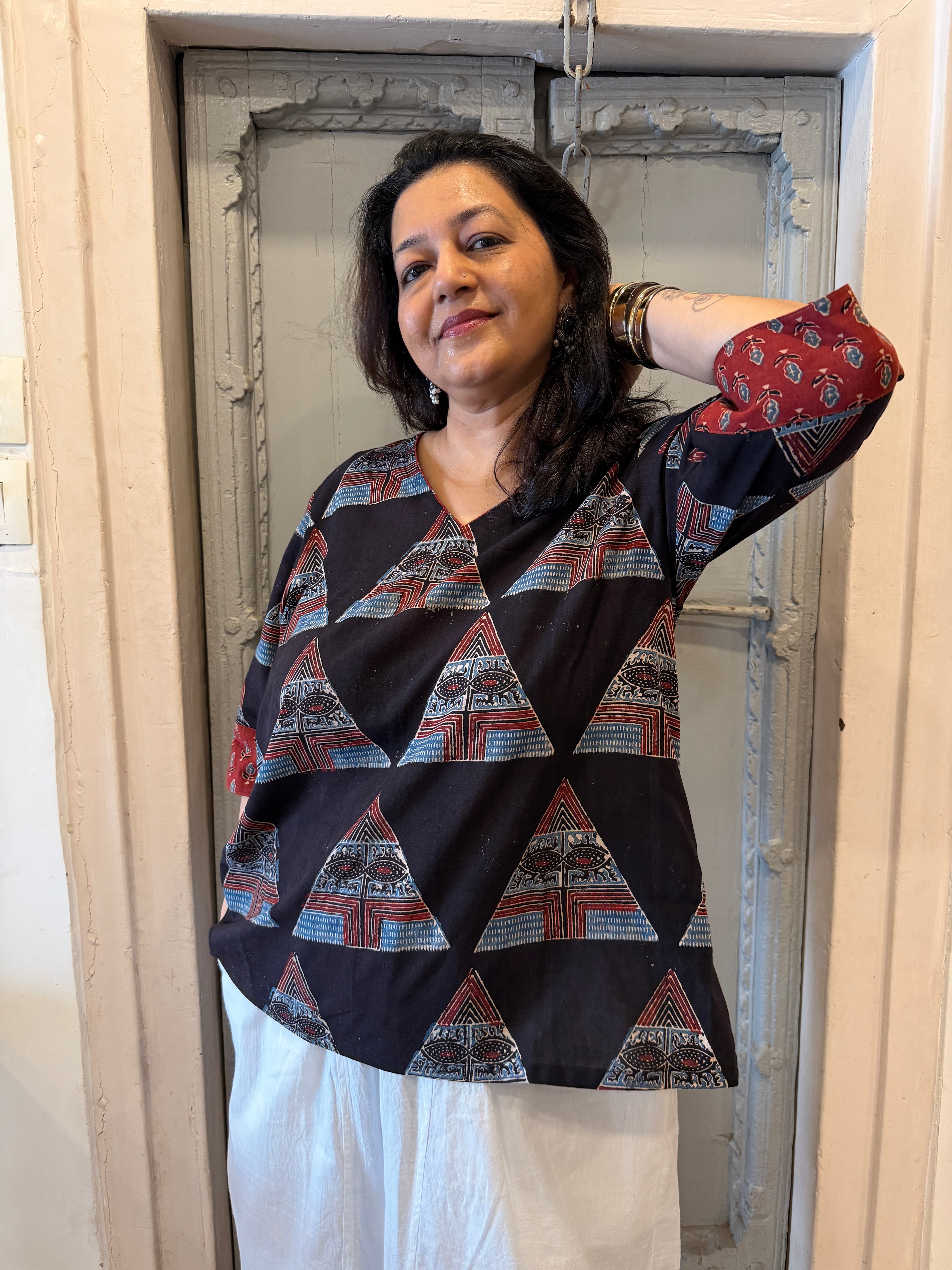Hand block printed pure cotton Ajrakh Aaram top - Geometric