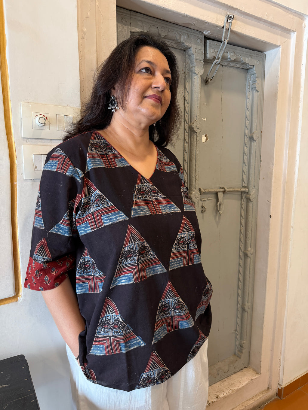 Hand block printed pure cotton Ajrakh Aaram top - Geometric