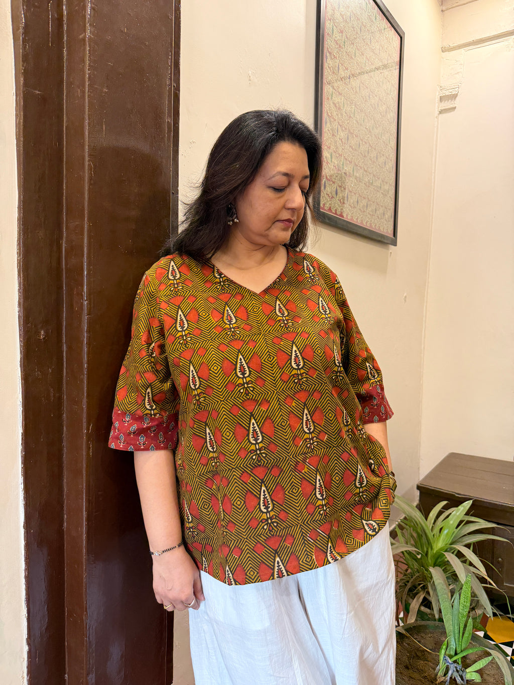 Hand block printed pure cotton Bagru Aaram top