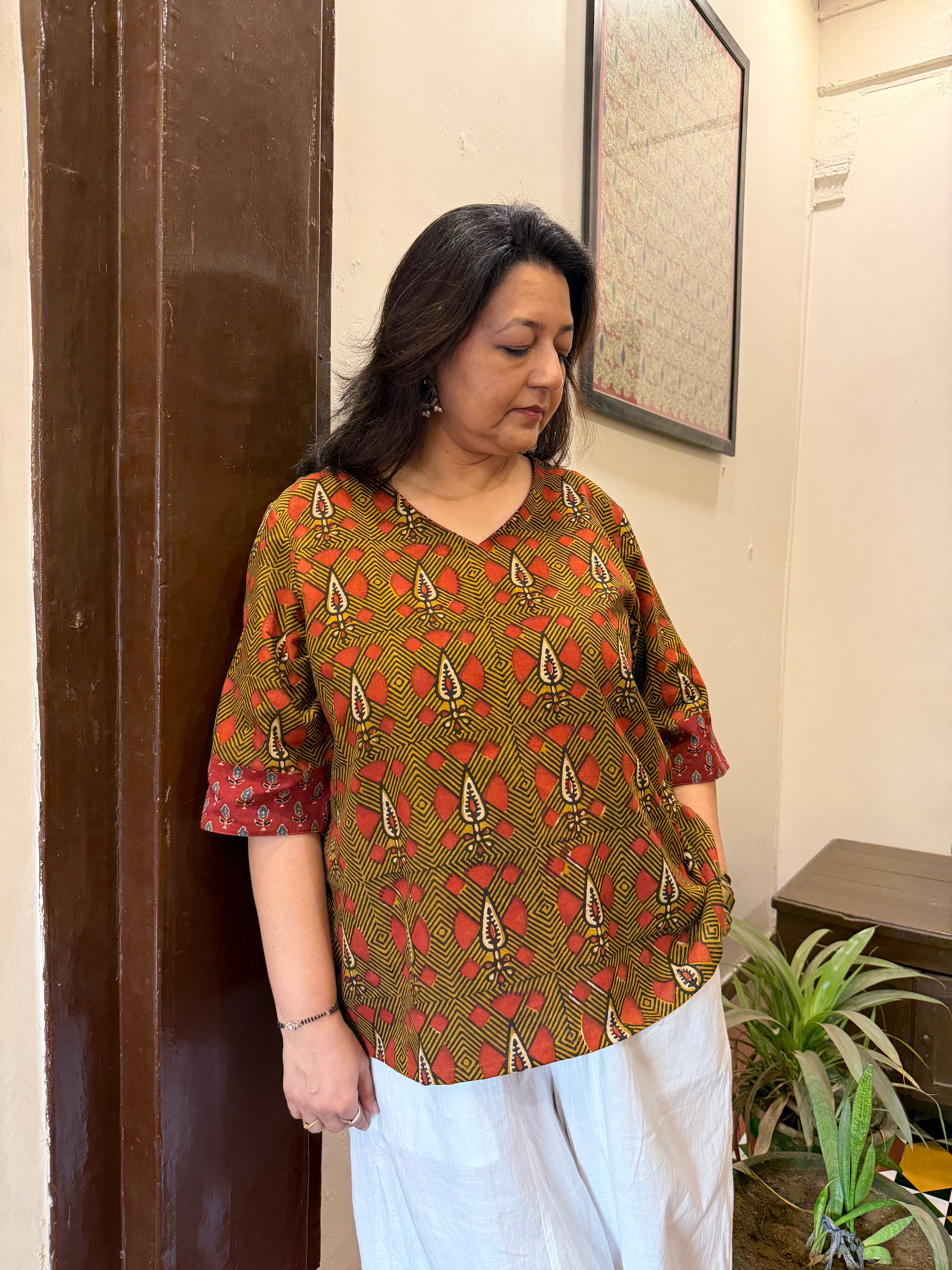 Hand block printed pure cotton Bagru Aaram top