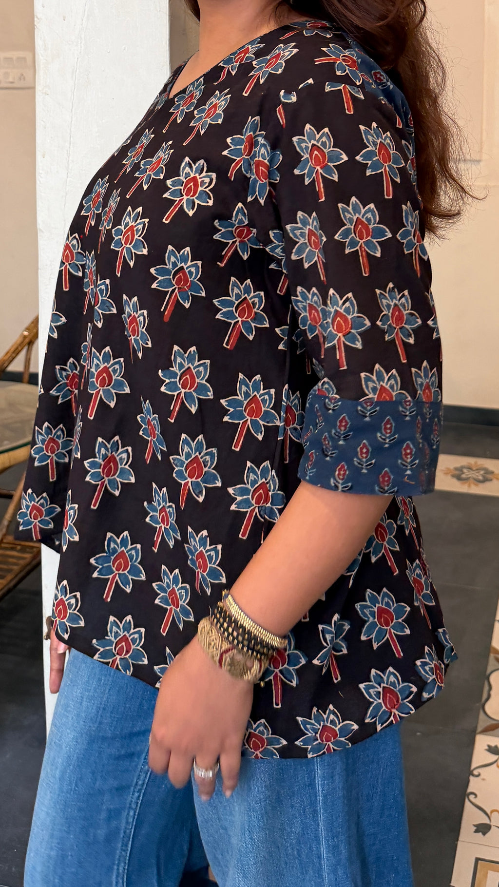 Hand block printed pure cotton Ajrakh Aaram top - Lotus