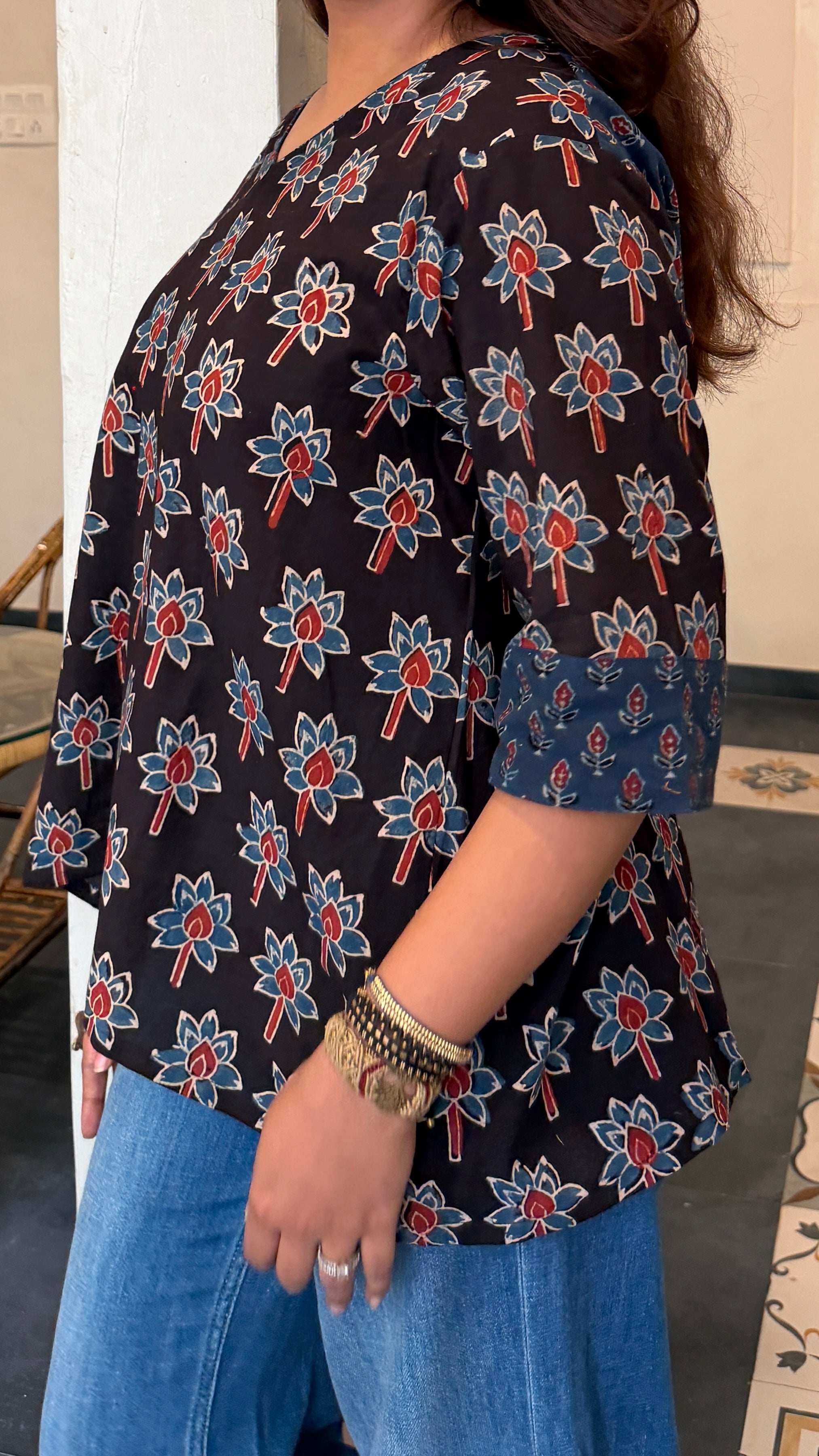 Hand block printed pure cotton Ajrakh Aaram top - Lotus