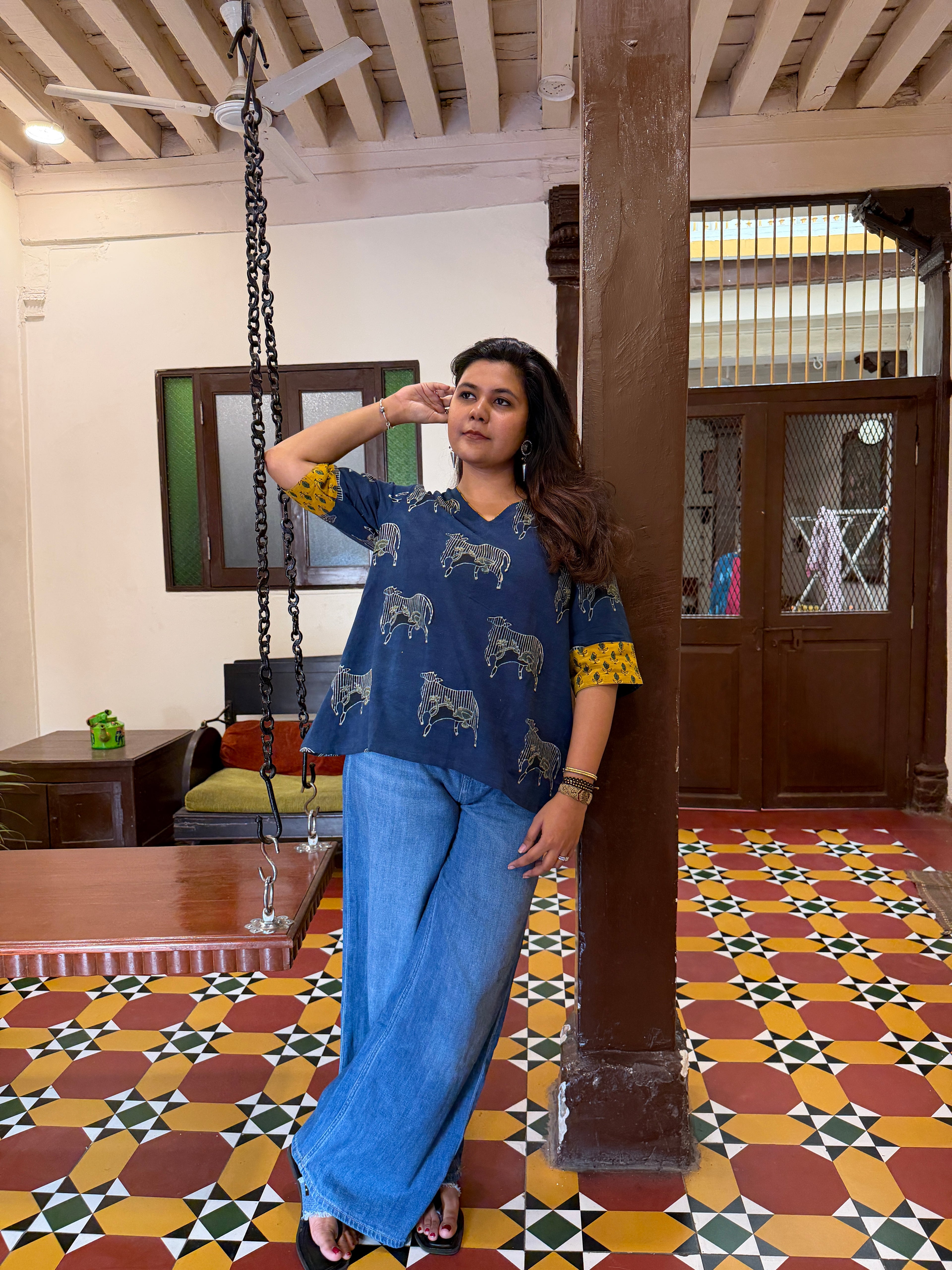 Hand block printed pure cotton Ajrakh Aaram top - Nandi