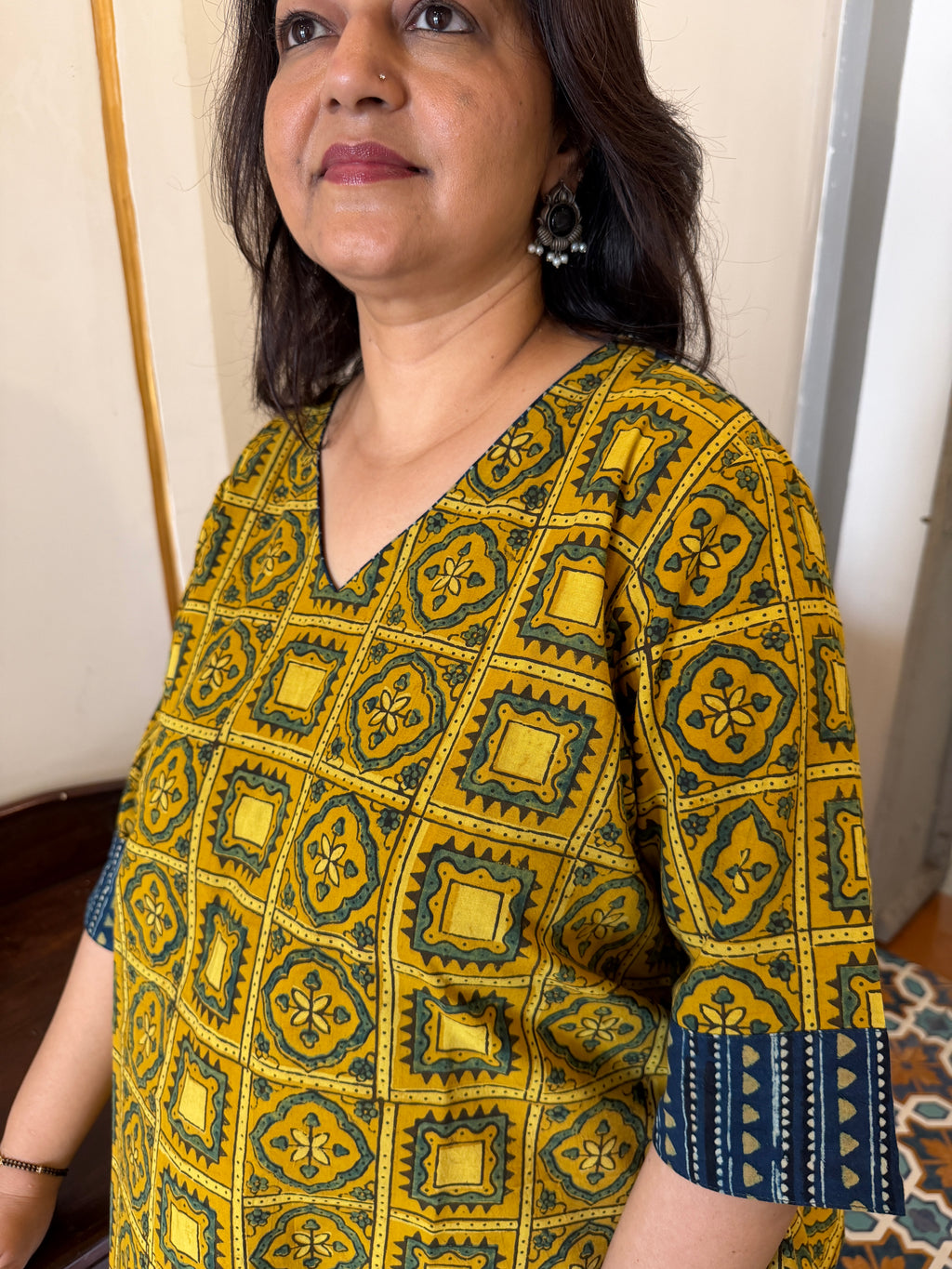 Hand block printed pure cotton Ajrakh Aaram top - Squares