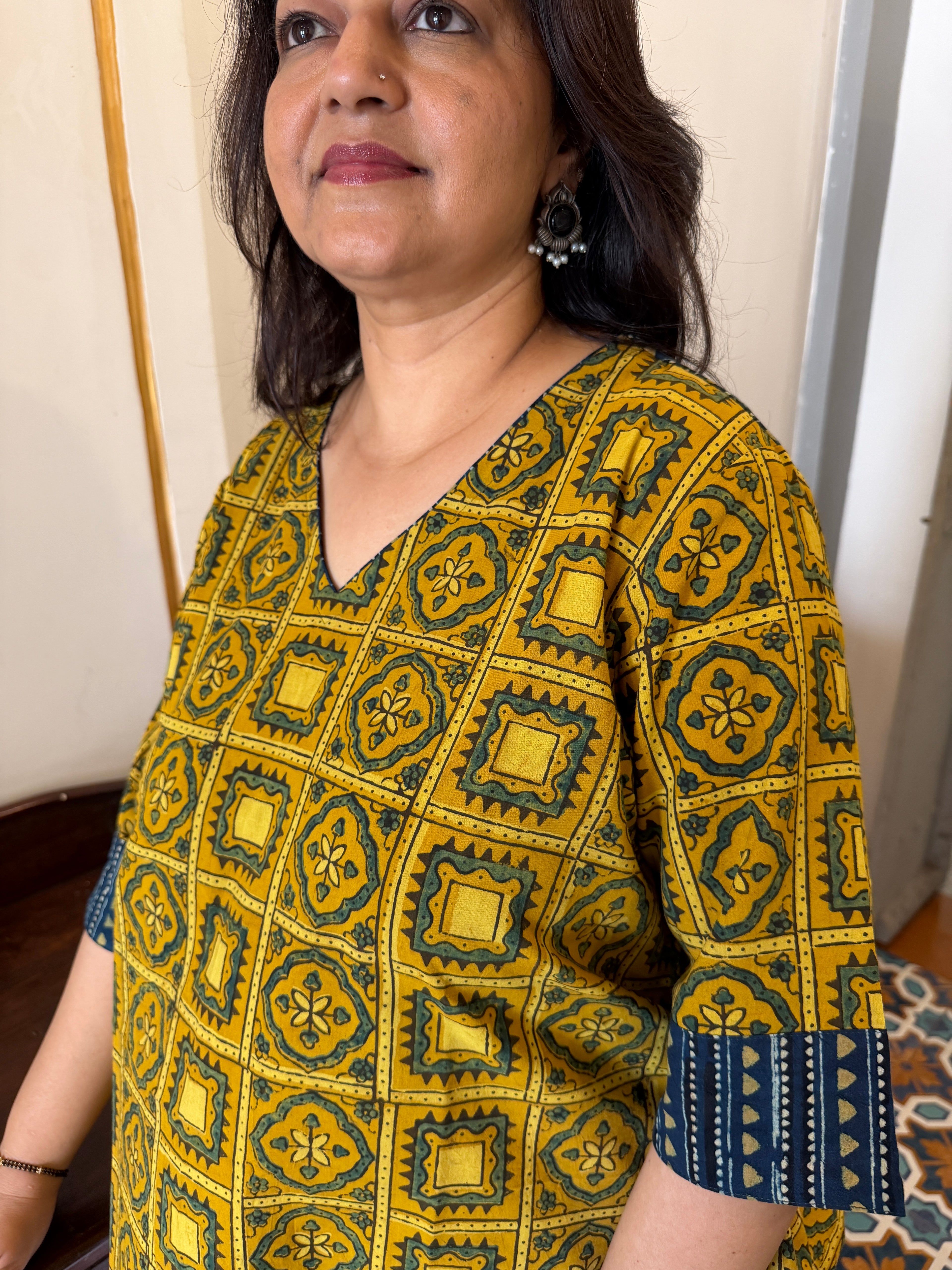 Hand block printed pure cotton Ajrakh Aaram top - Squares