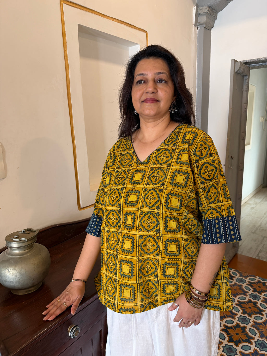 Hand block printed pure cotton Ajrakh Aaram top - Squares