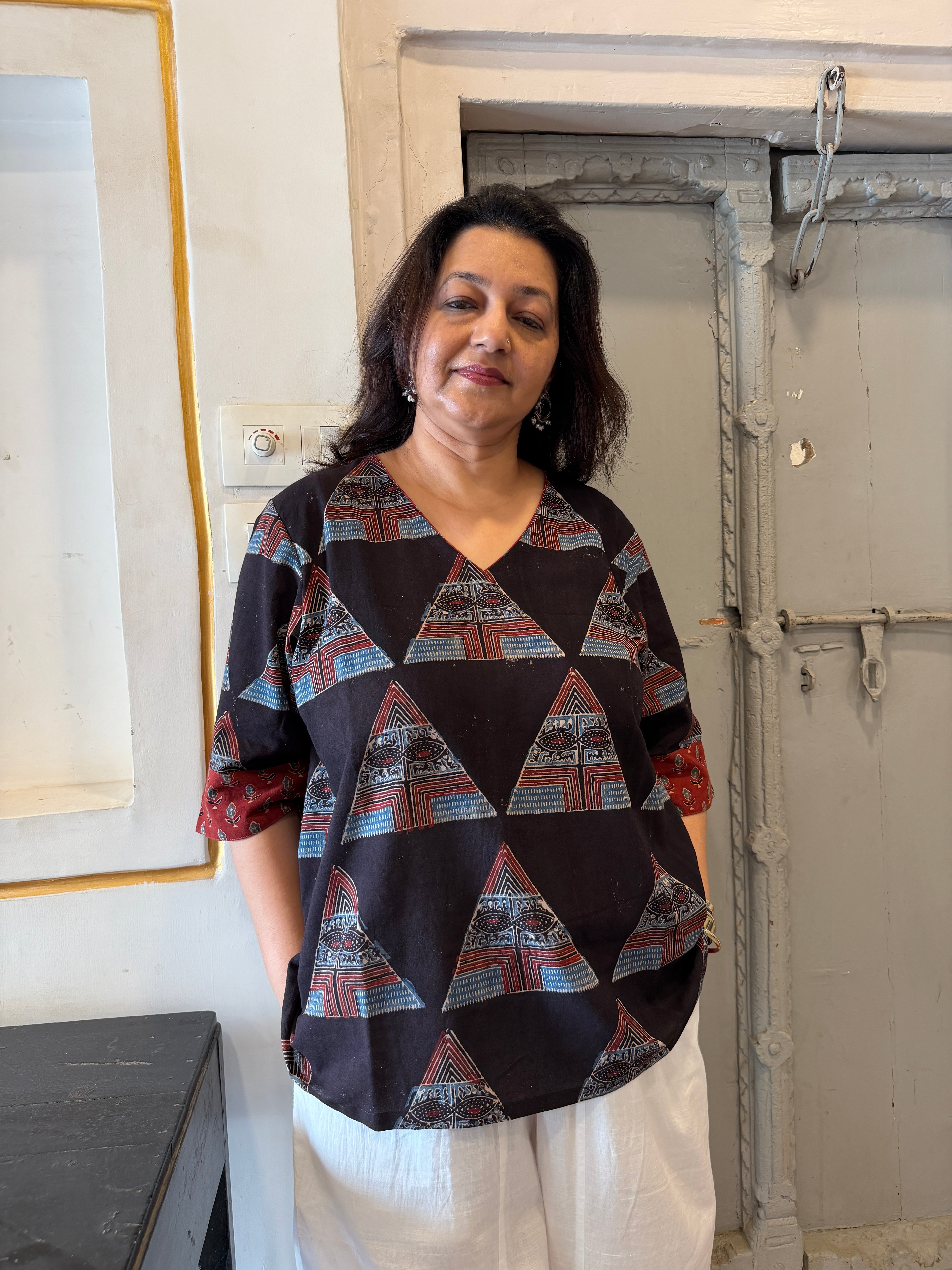 Hand block printed pure cotton Ajrakh Aaram top - Geometric