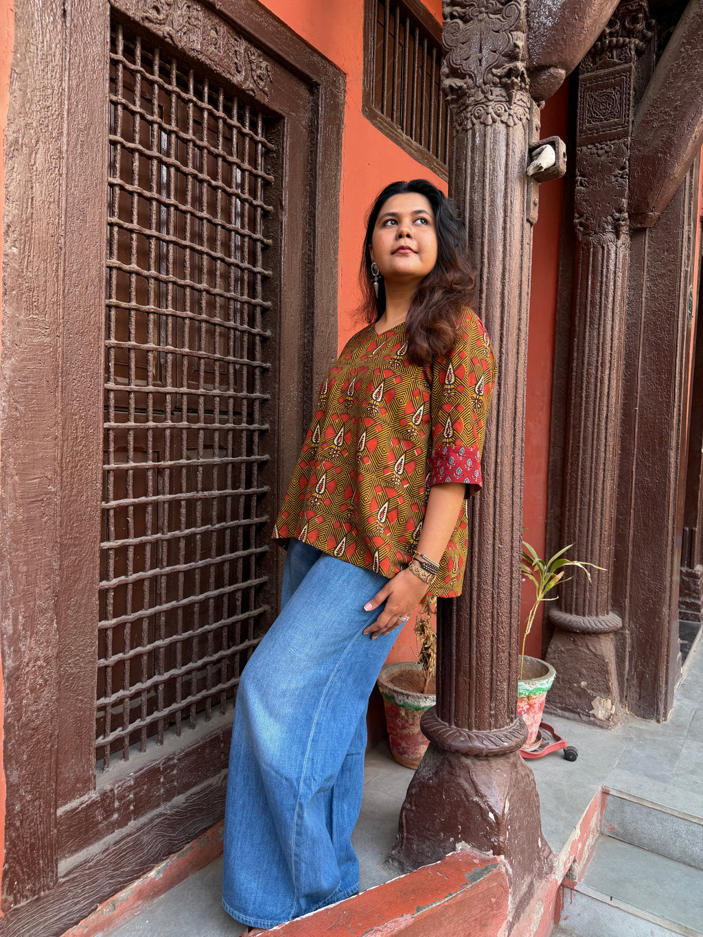 Hand block printed pure cotton Bagru Aaram top