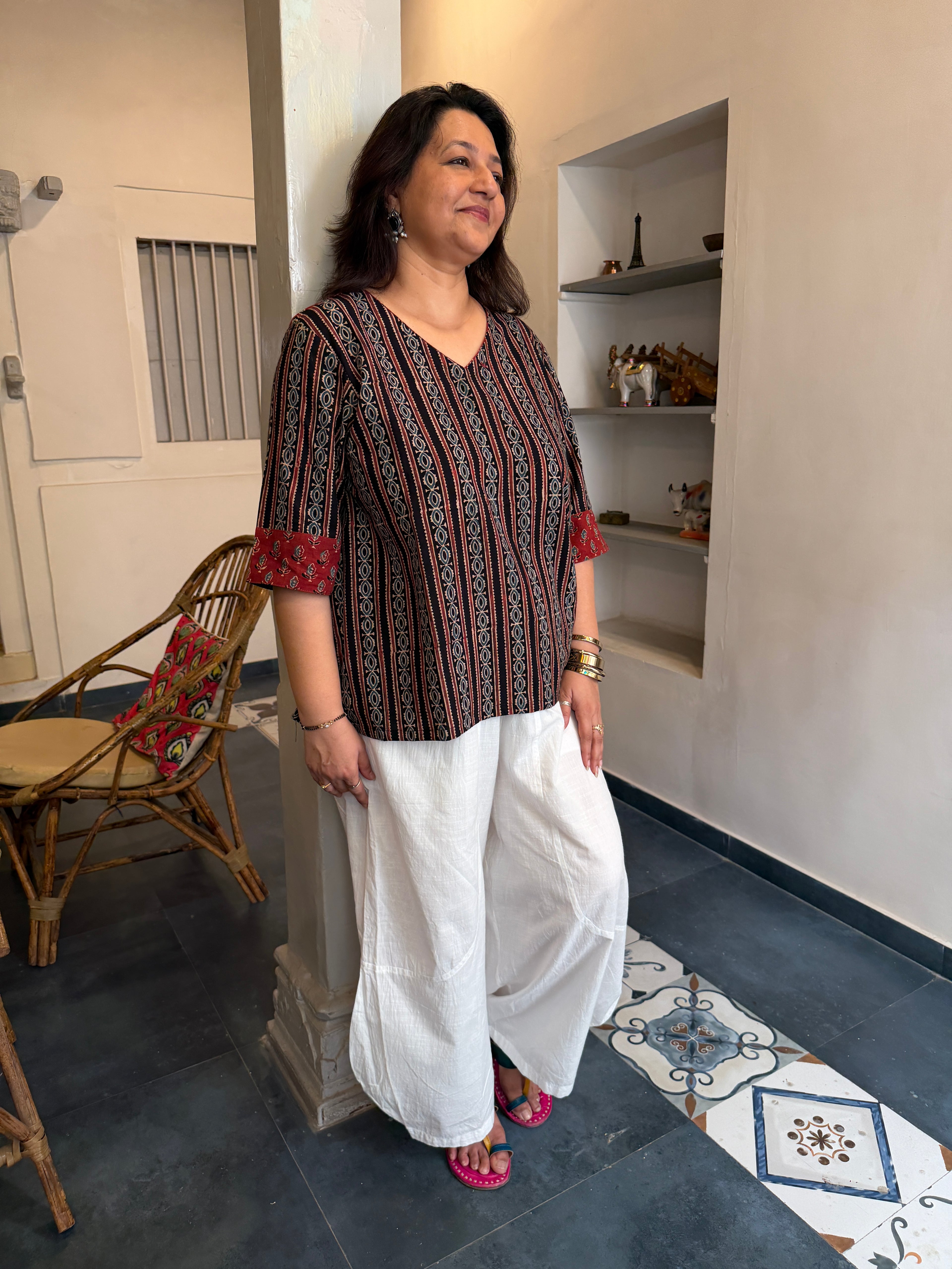 Hand block printed pure cotton Ajrakh Aaram top - Stripes