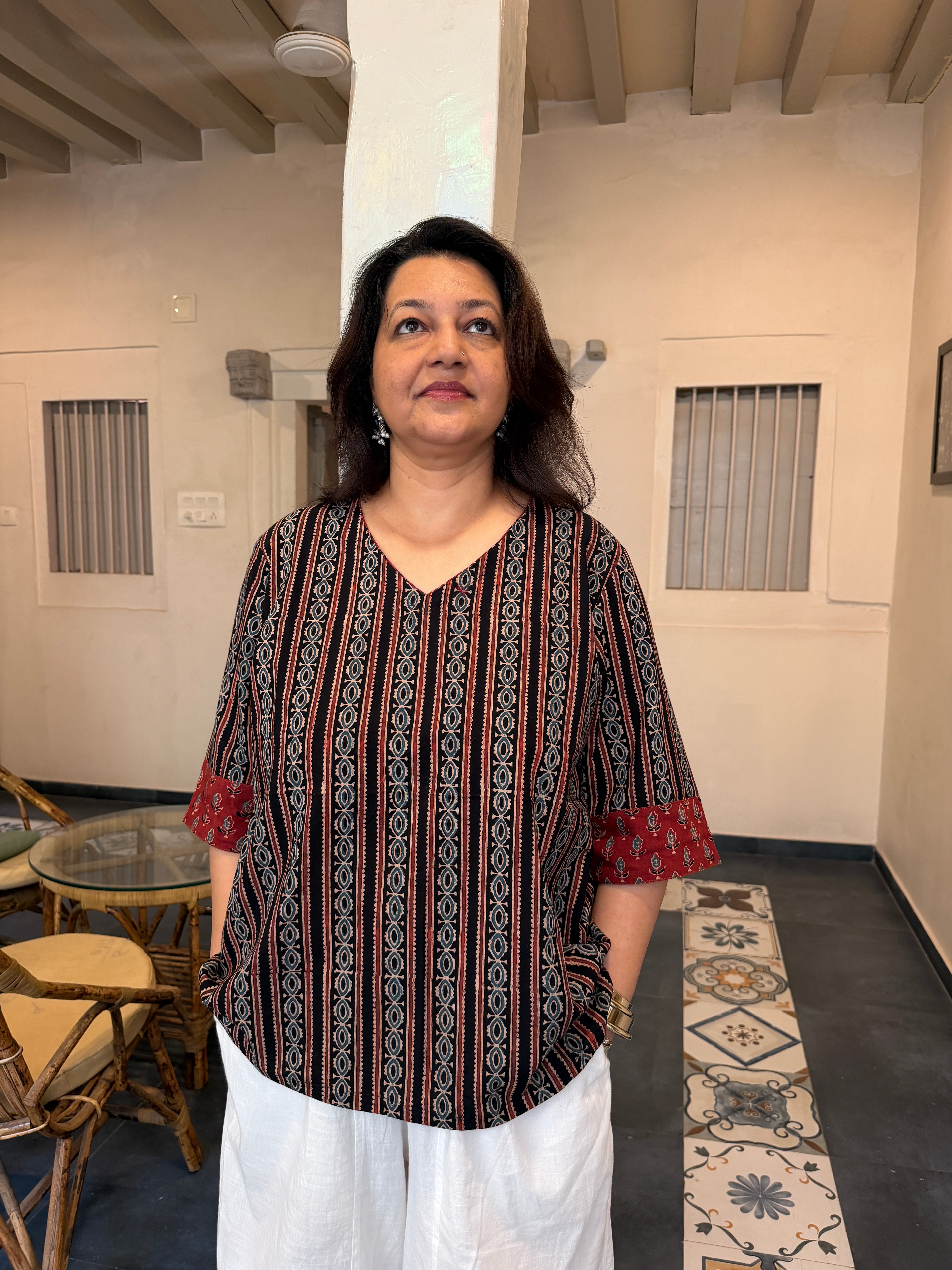 Hand block printed pure cotton Ajrakh Aaram top - Stripes