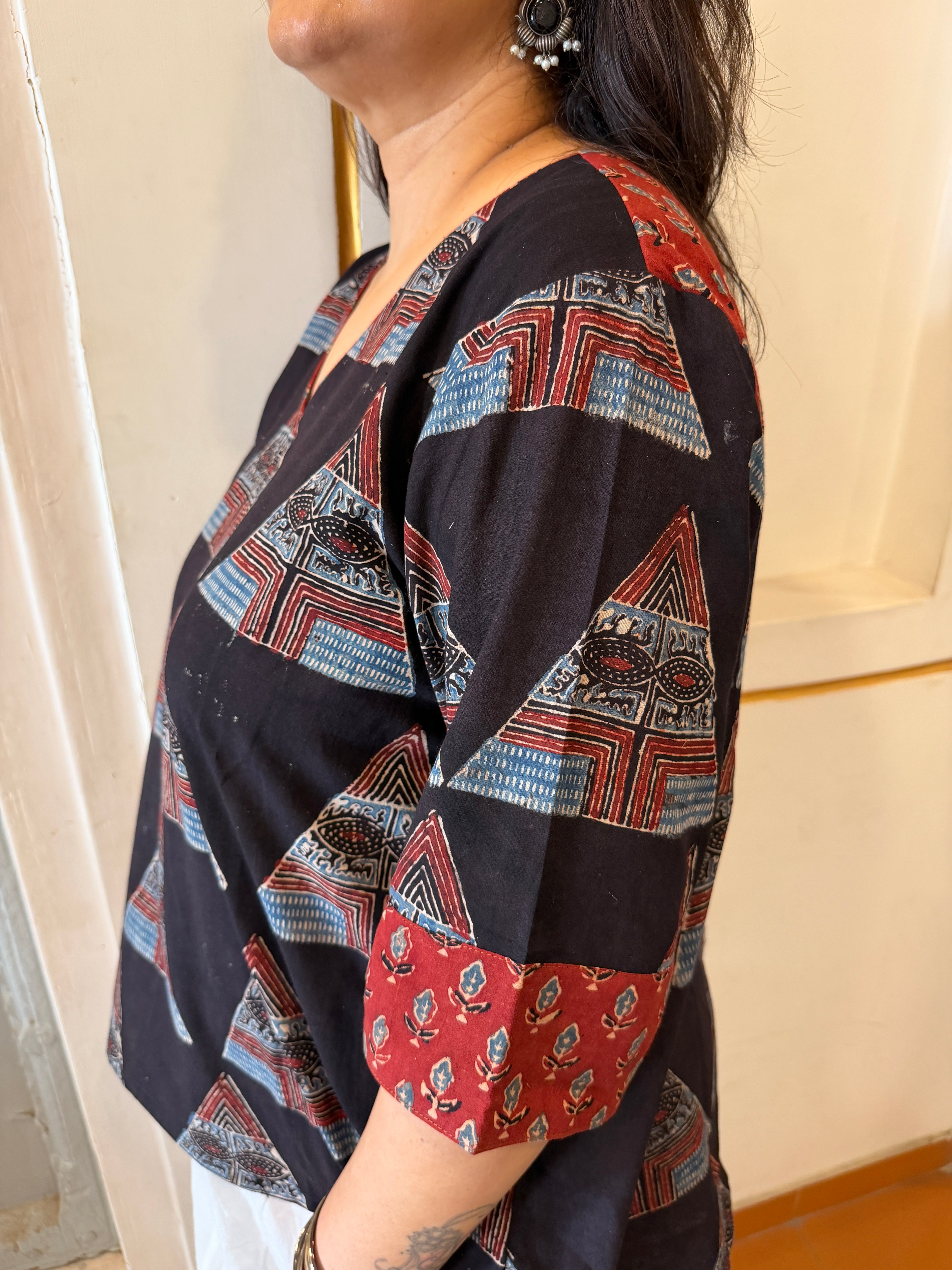 Hand block printed pure cotton Ajrakh Aaram top - Geometric