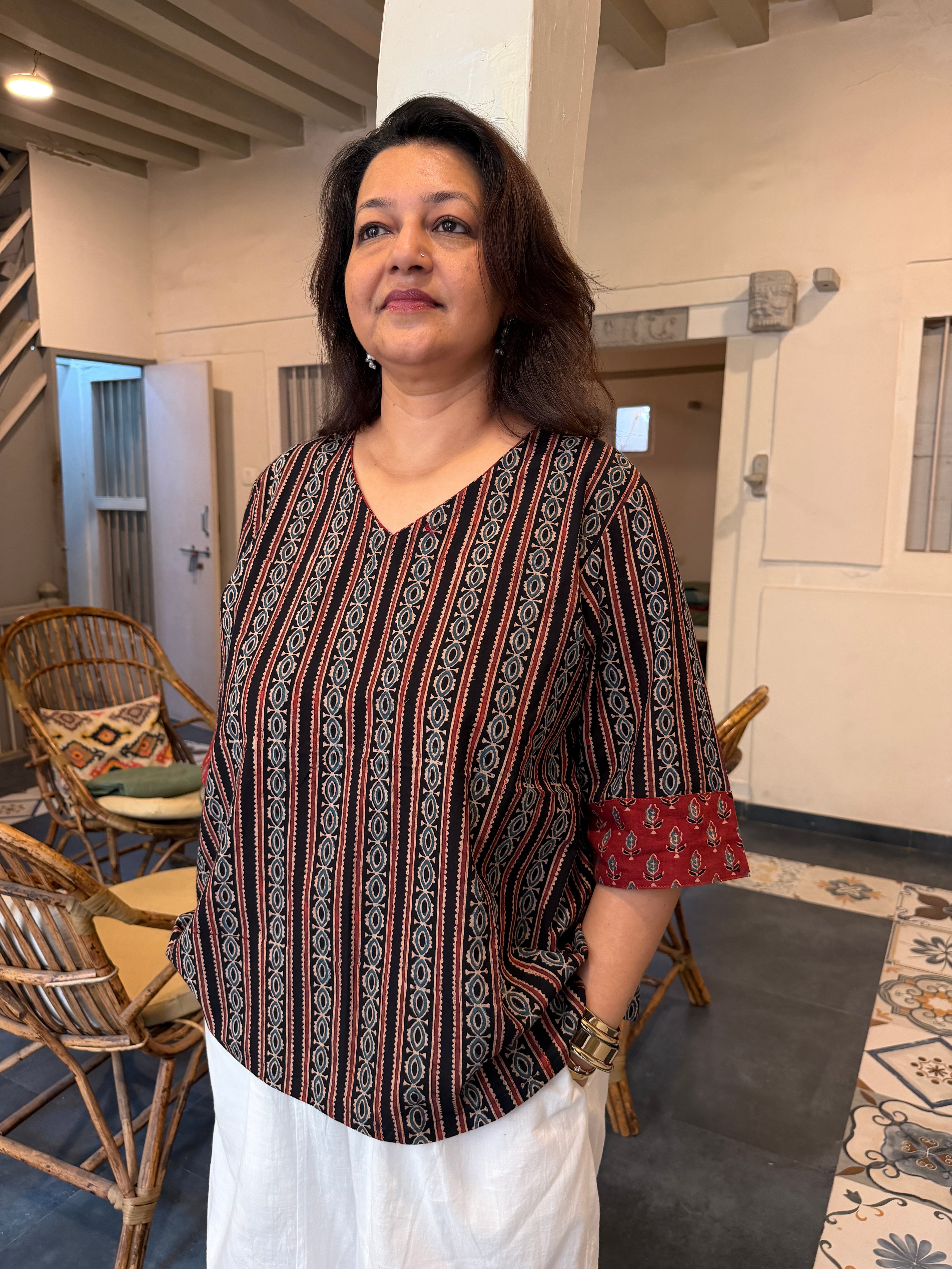 Hand block printed pure cotton Ajrakh Aaram top - Stripes