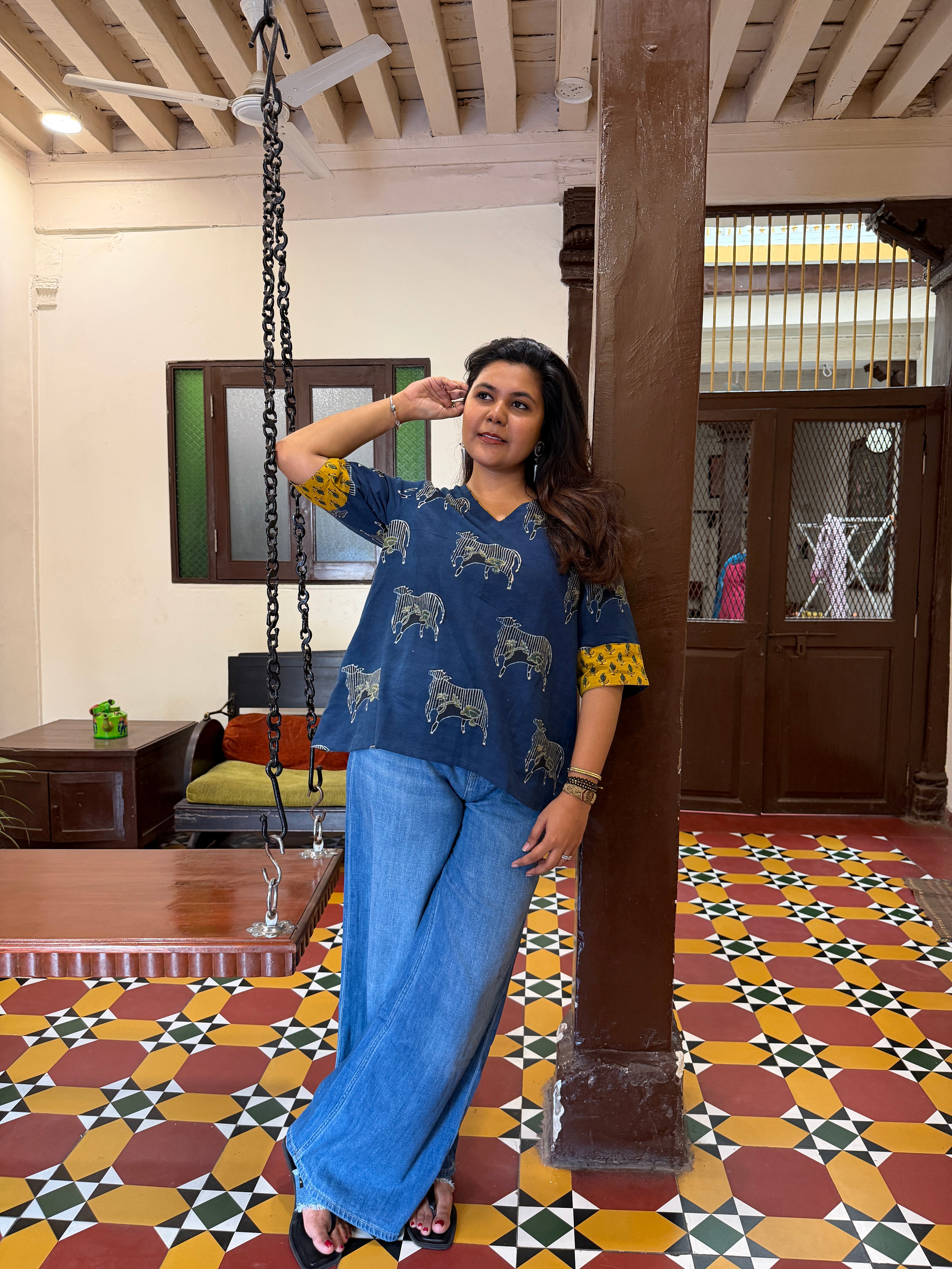 Hand block printed pure cotton Ajrakh Aaram top - Nandi
