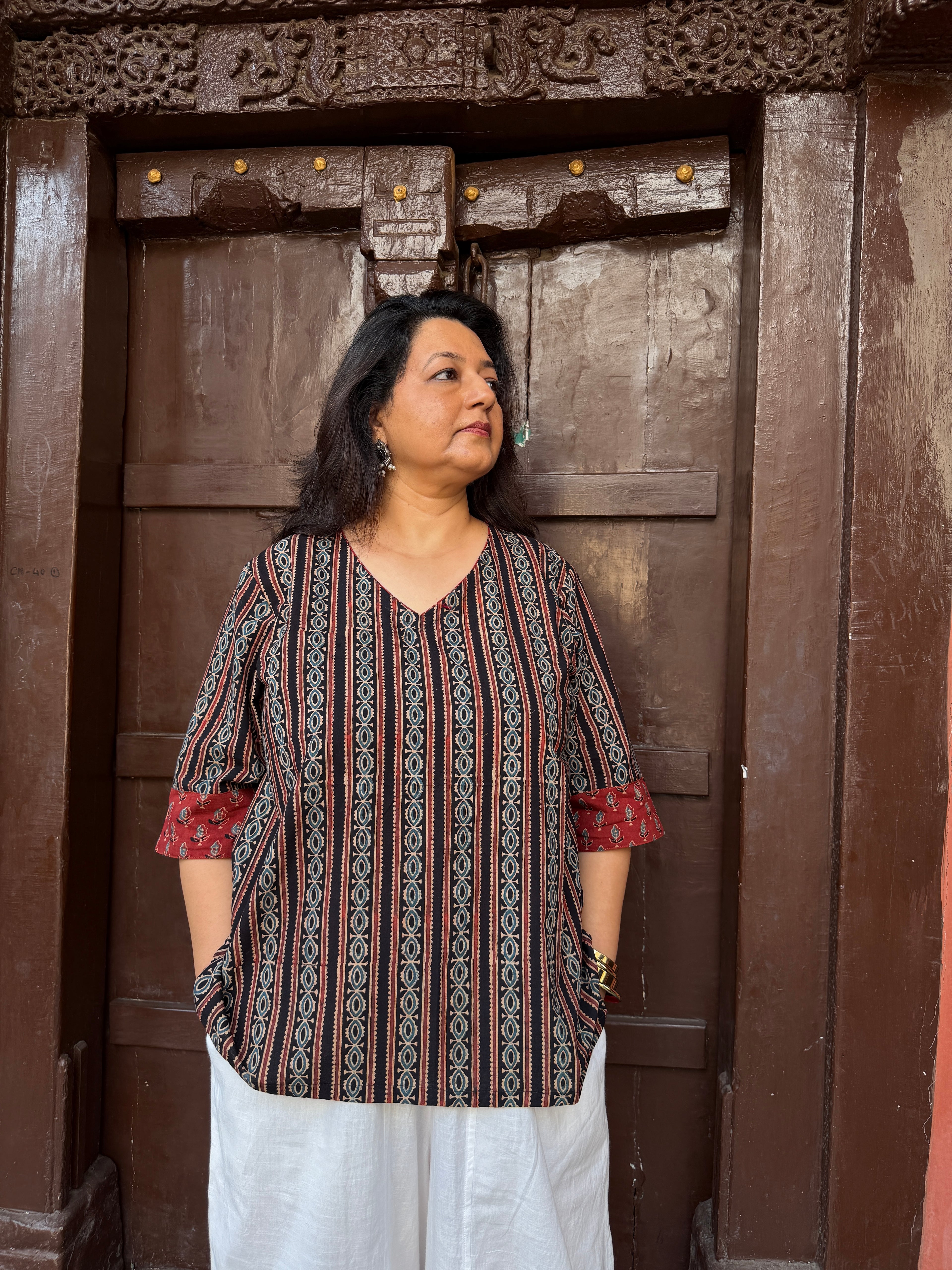 Hand block printed pure cotton Ajrakh Aaram top - Stripes