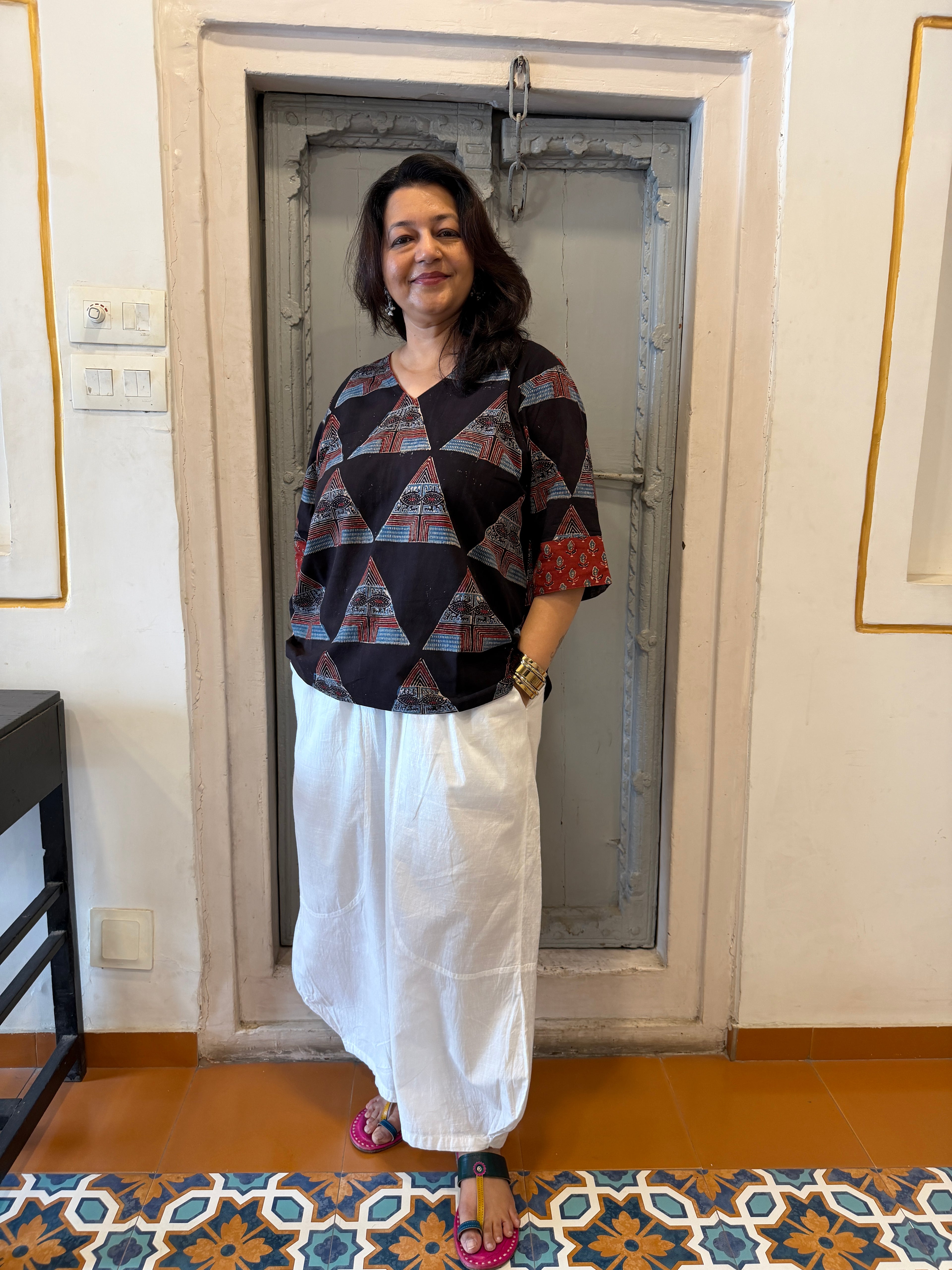Hand block printed pure cotton Ajrakh Aaram top - Geometric