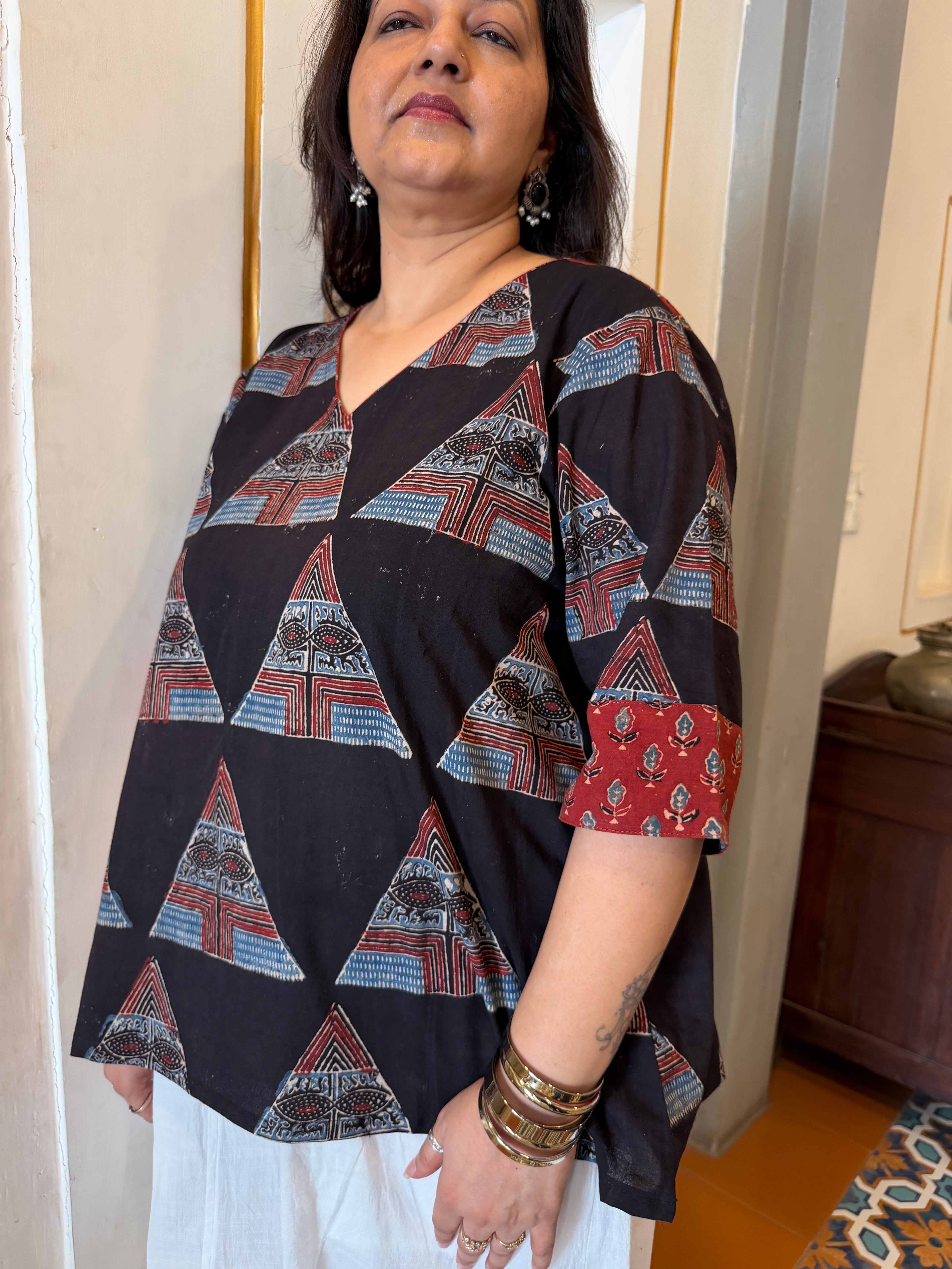 Hand block printed pure cotton Ajrakh Aaram top - Geometric