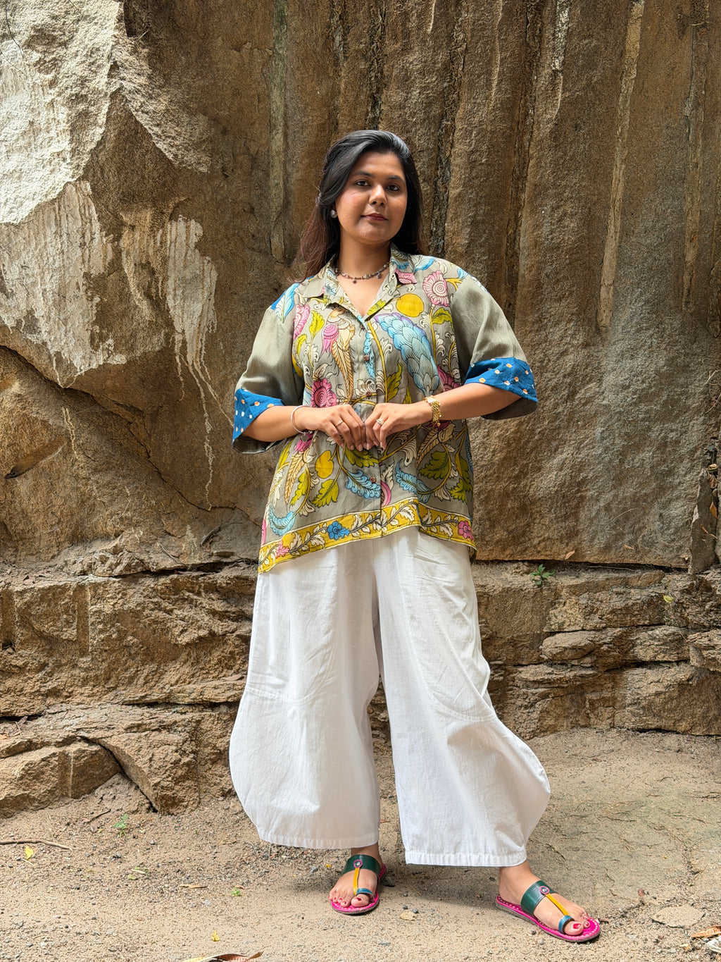 Hand-Painted Pen Kalamkari Bandhini Cotton Silk Shirt - 1