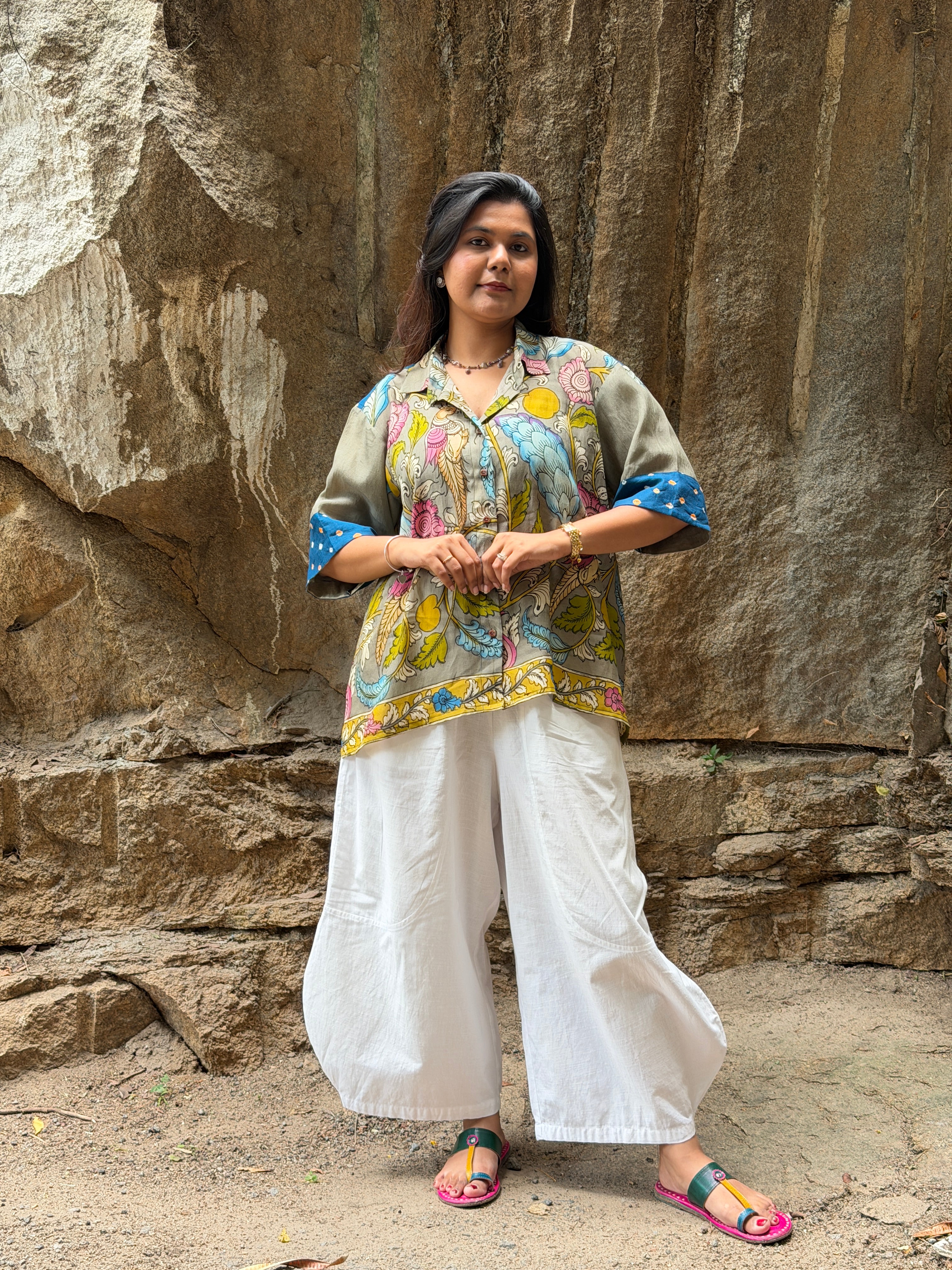 Hand-Painted Pen Kalamkari Bandhini Cotton Silk Shirt - 1