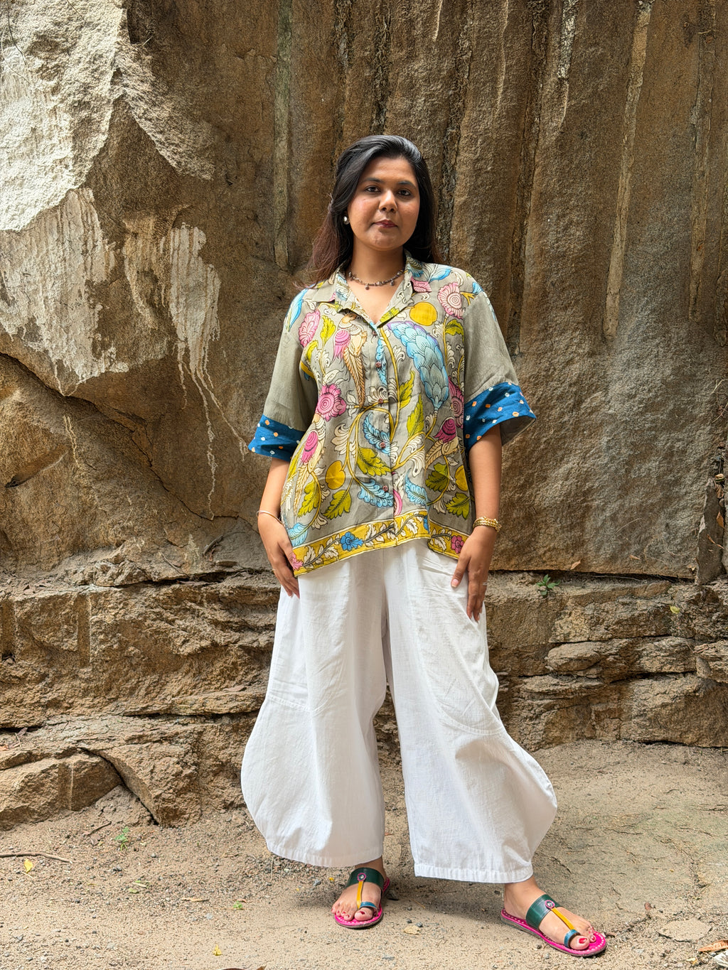 Hand-Painted Pen Kalamkari Bandhini Cotton Silk Shirt - 1